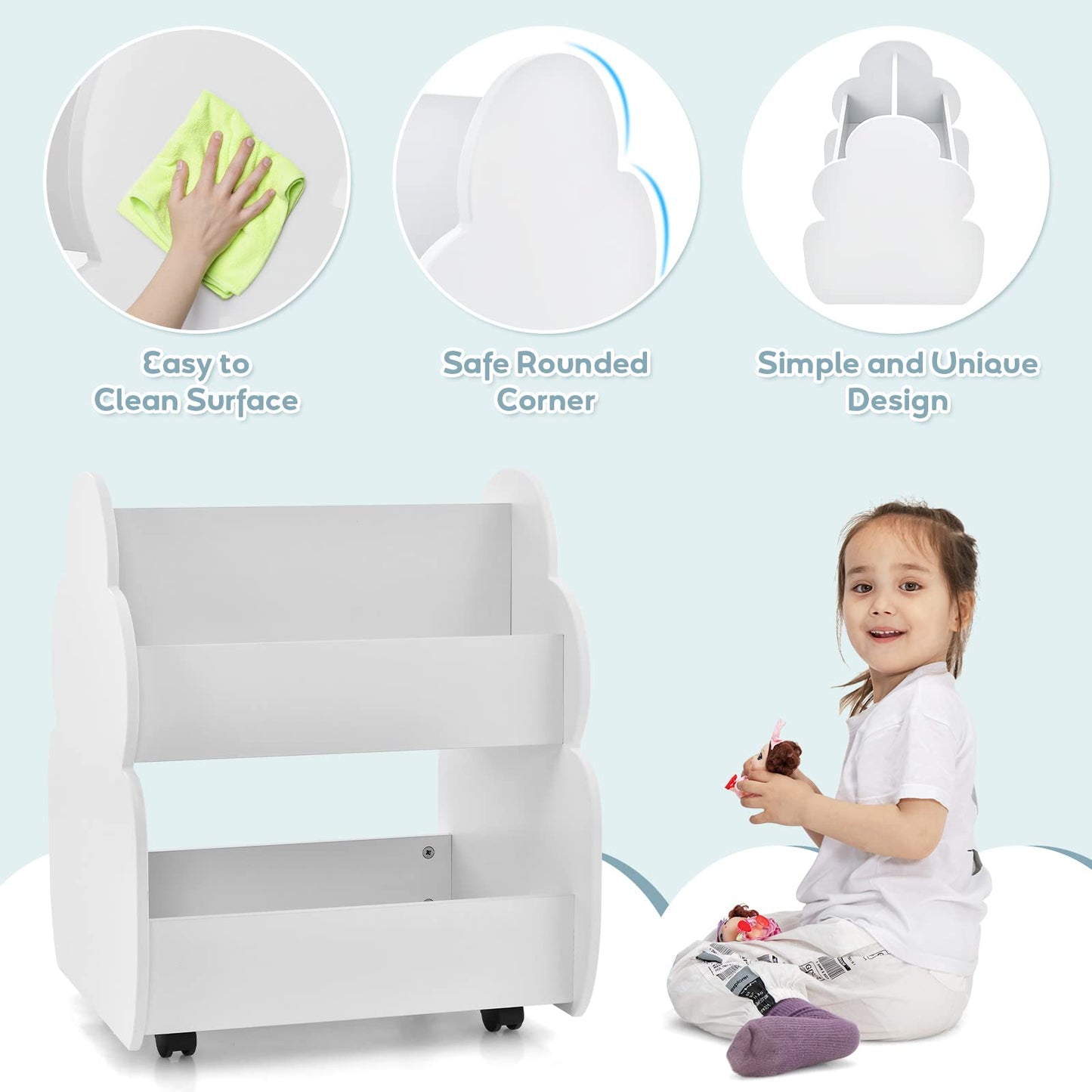 OLAKIDS Kids Bookshelf with Wheels, Wooden Bookcase Toy Storage Cabinet Organizer Holder