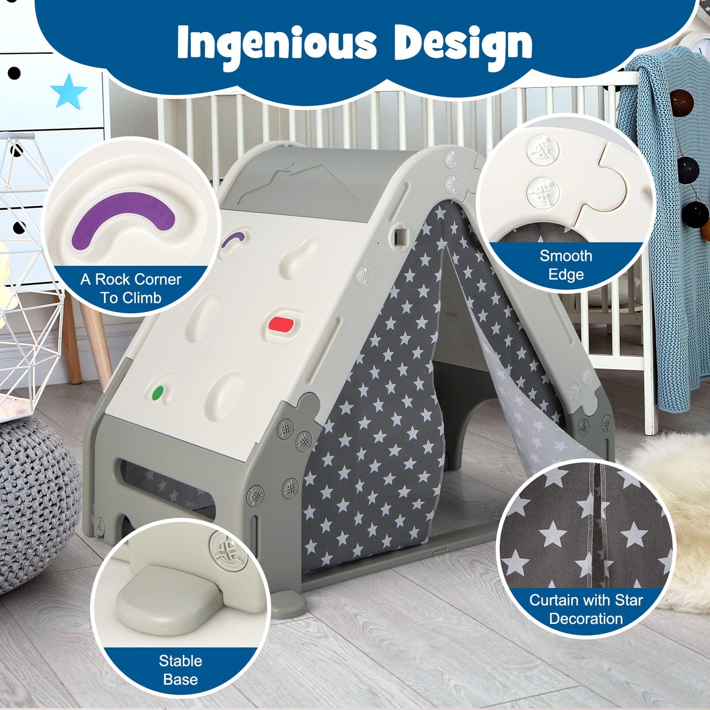 OLAKIDS Triangle Climber with Tent, Kids Hideaway Play Tent with Art Easel