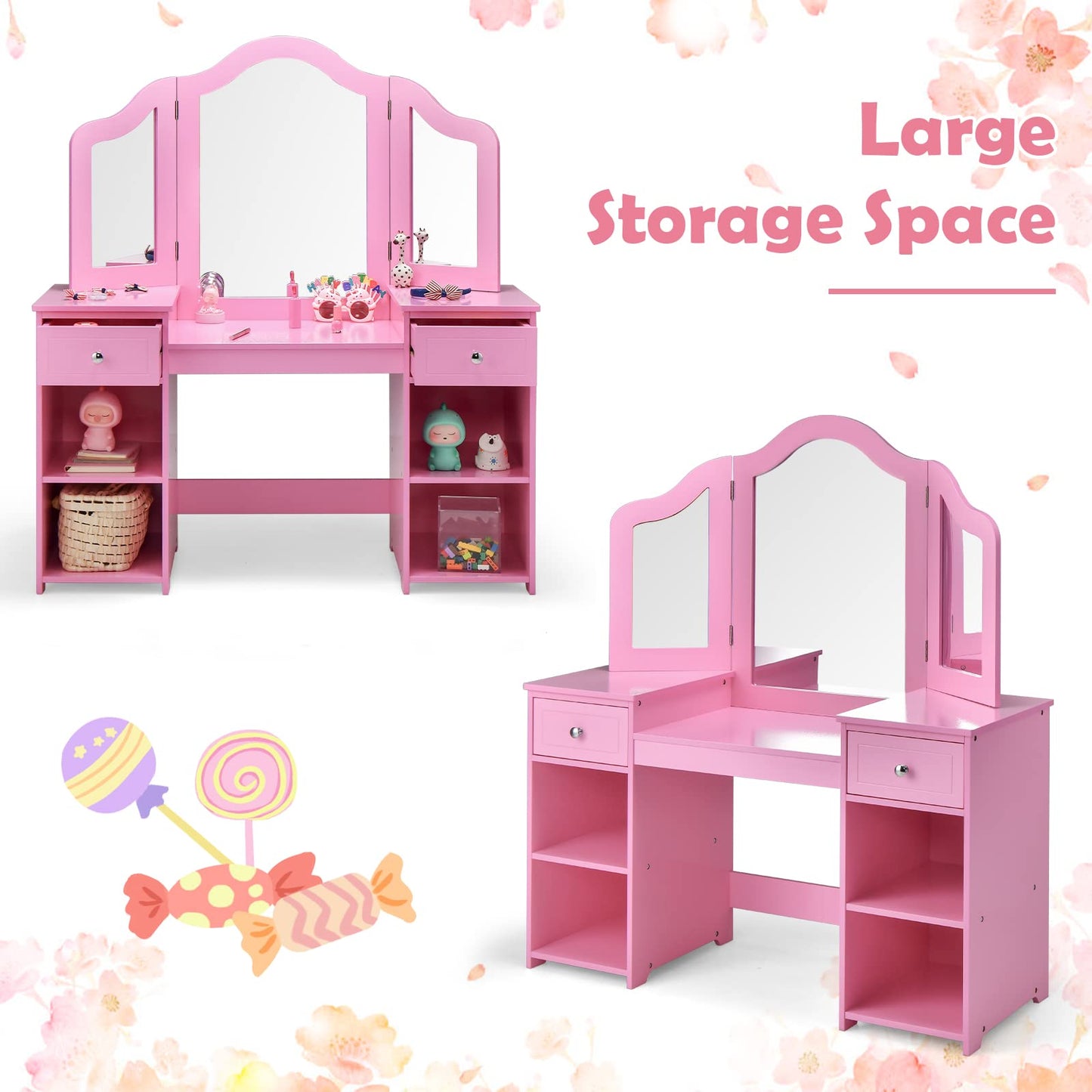 OLAKIDS Kids Vanity, 2 in 1 Princess Makeup Desk and Chair Set with Drawers Tri-Folding Detachable Mirror Large Storage Shelves