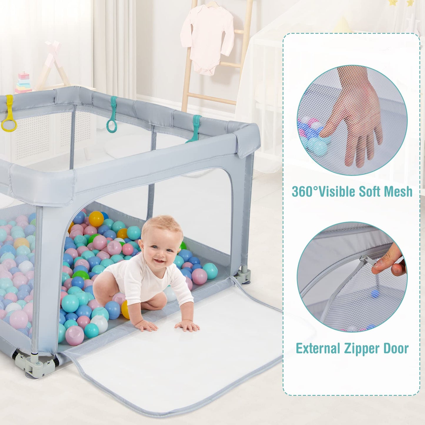 OLAKIDS Baby Playpen, 50’’x50’â€?Foldable Large Baby Playard, Indoor Outdoor Kids Activity Center Baby Fence