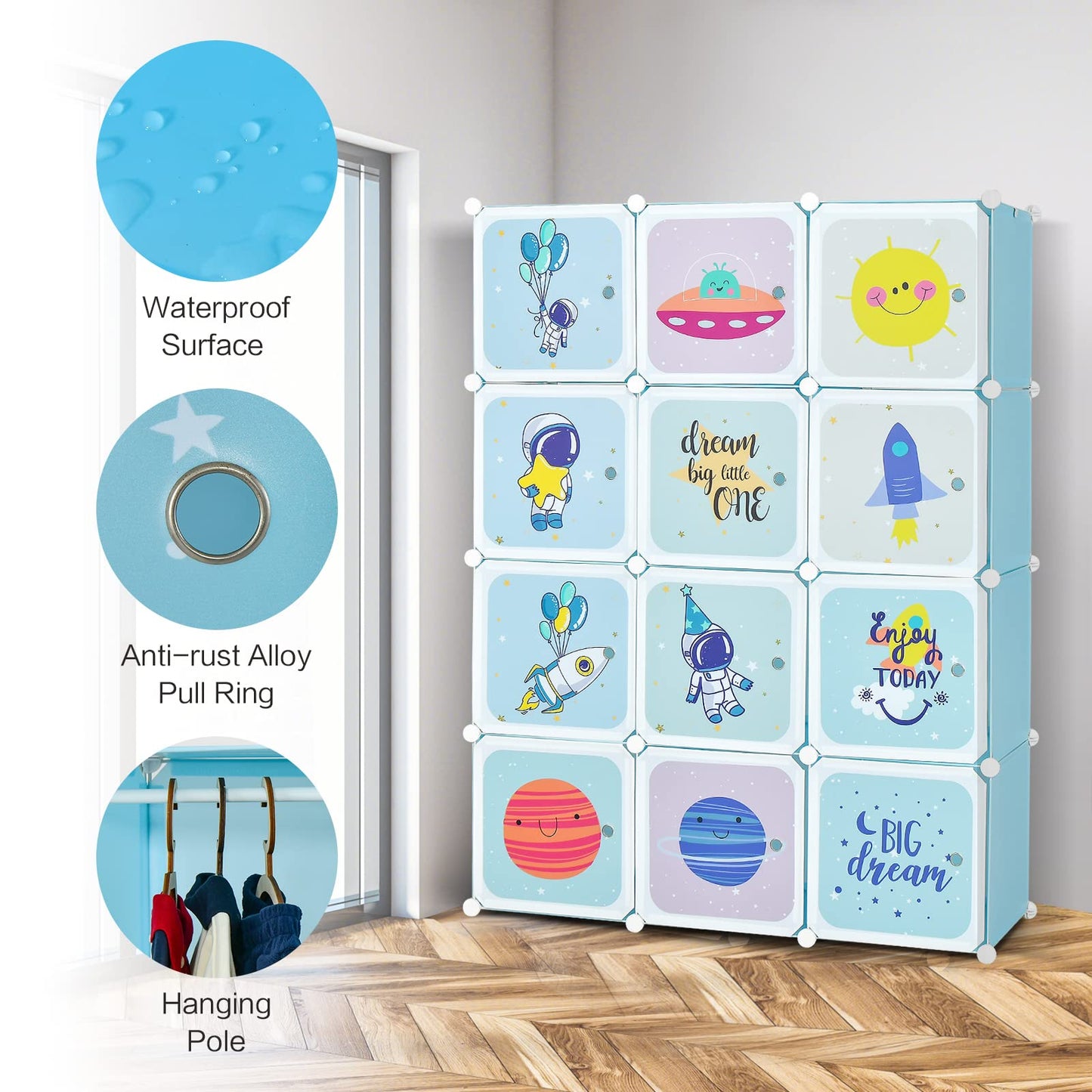 INFANS Children Wardrobe, Kid Closet Portable Baby Dresser Cute for Kids Bedroom Nursery Armoire with Doors 12 Cube 2 Hanging Sections, Kid Clothes Storage Organizer