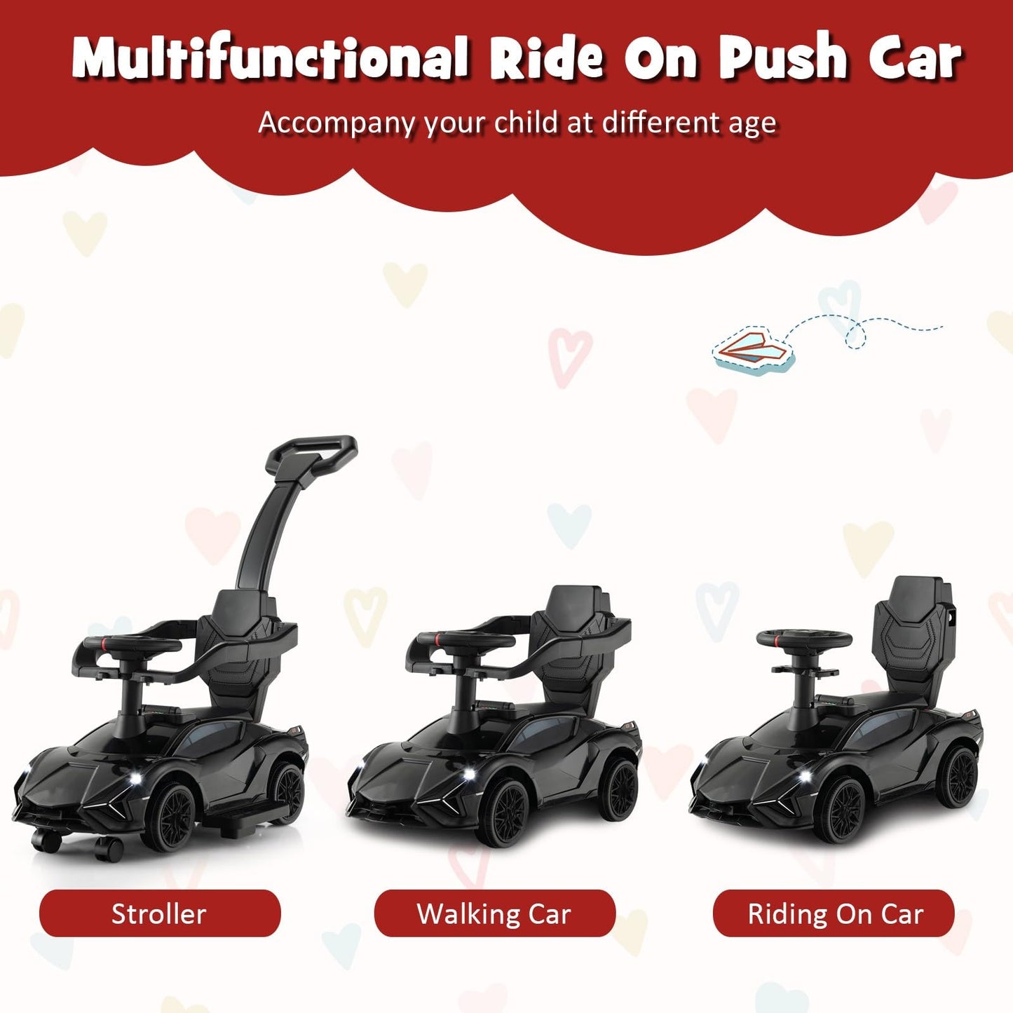 OLAKIDS 3 in 1 Ride on Push Car, Licensed Lamborghini Baby Stroller Sliding Walking Car