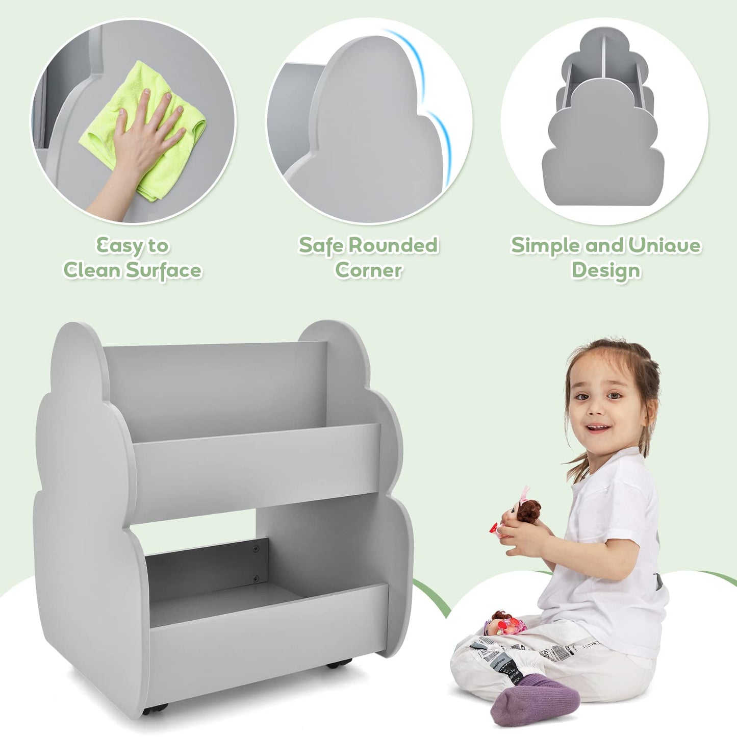 OLAKIDS Kids Bookshelf with Wheels, Wooden Bookcase Toy Storage Cabinet Organizer Holder