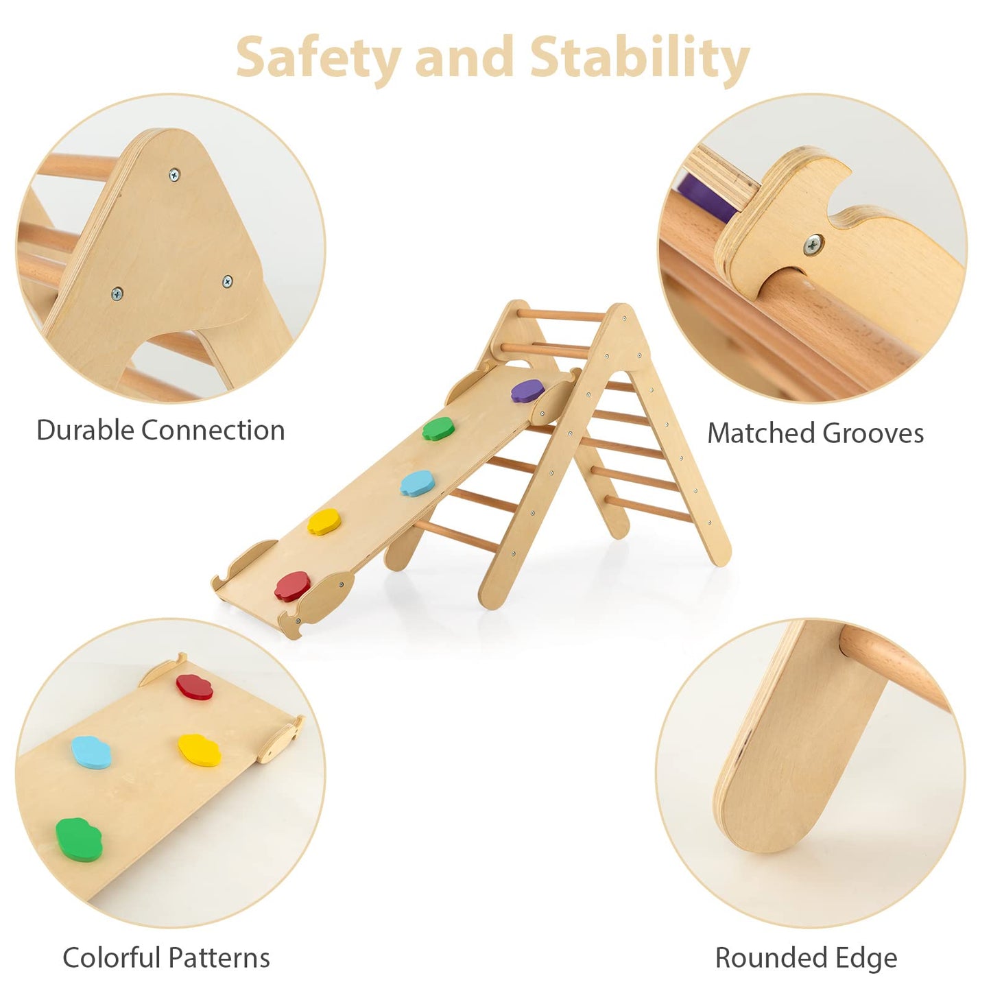 OLAKIDS Toddlers Triangle Climber, 3 in 1 Montessori Kids Wood Climbing Toy with Ramp, Ladder, Slide