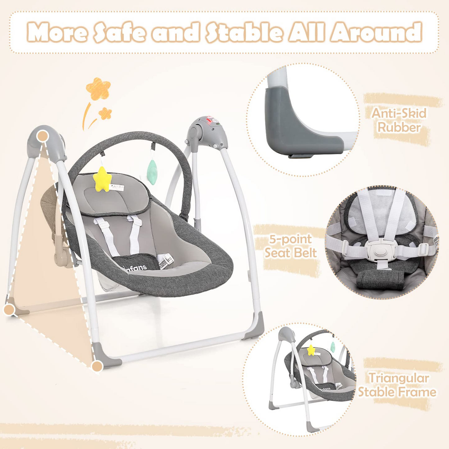 OLAKIDS Baby Swing for Infants, Compact Portable Baby Electric Rocker for Newborn with 5 Speed Natural Sway Music Timing 2 Toys Remote Control, Easy Fold, 0-6 Months Boy Girl (Grey) OLAKIDS