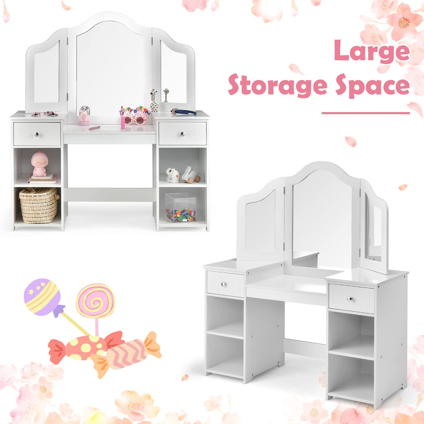 OLAKIDS Kids Vanity, 2 in 1 Princess Makeup Desk and Chair Set with Drawers Tri-Folding Detachable Mirror Large Storage Shelves