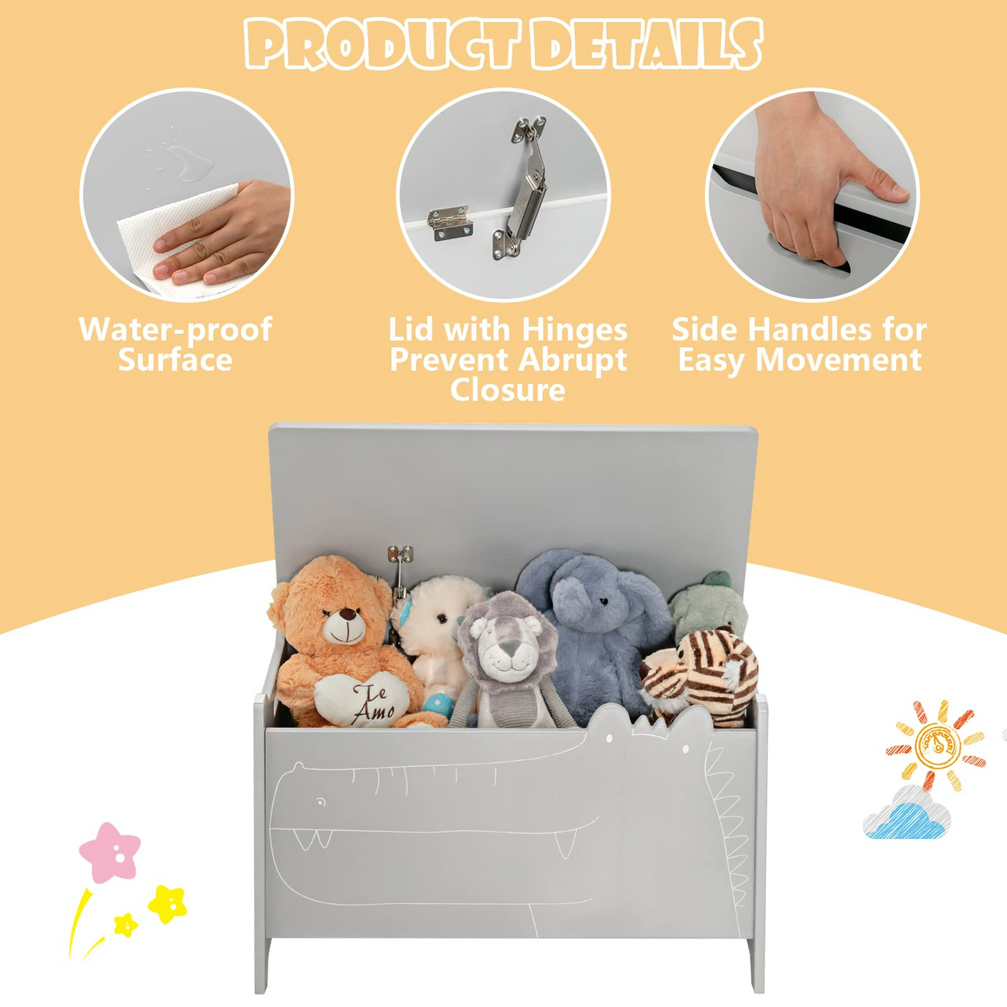 OLAKIDS Wooden Toy Chest , Wide Kids Toy Box Storage Space with Safety Hinge and Handles OLAKIDS