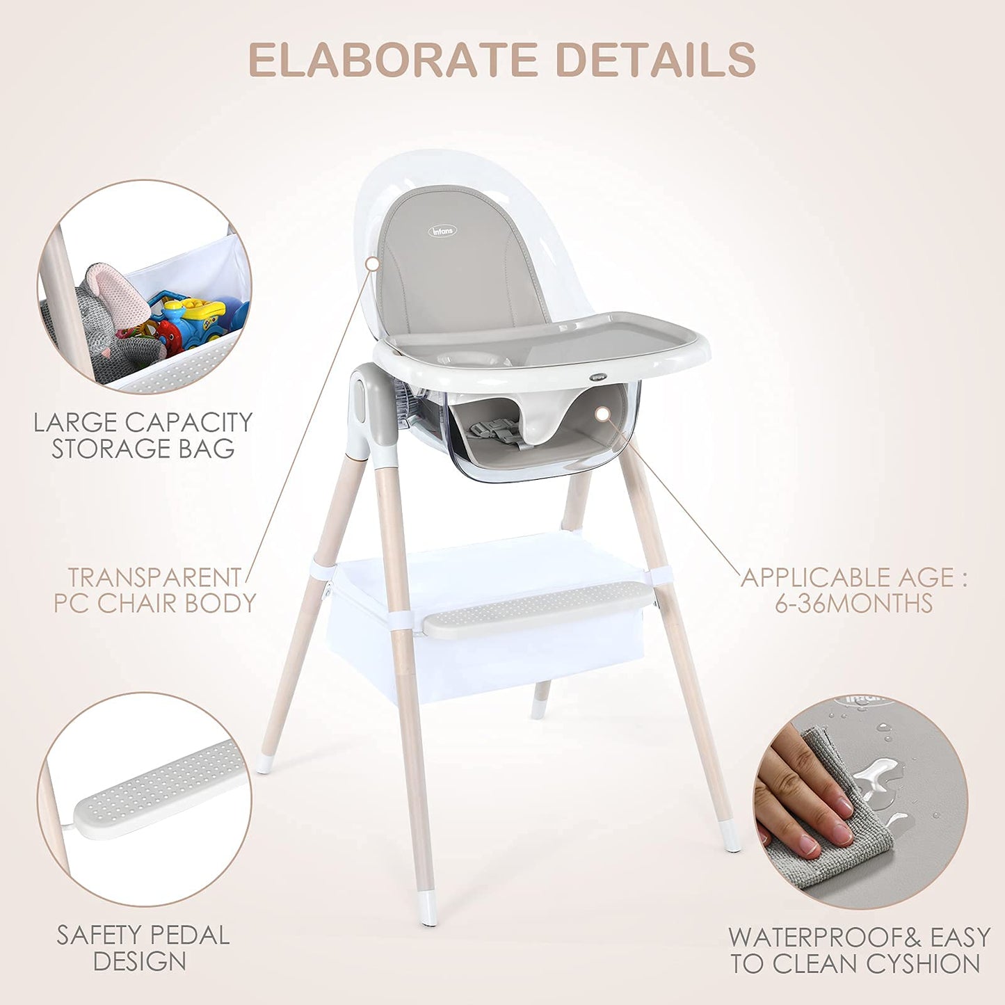 OLAKIDS 4 in 1 Wooden Baby High Chair, Rocking Chair/Booster Seat/Toddler Chair Infant Dining Chairs w/ Double Removable Tray OLAKIDS