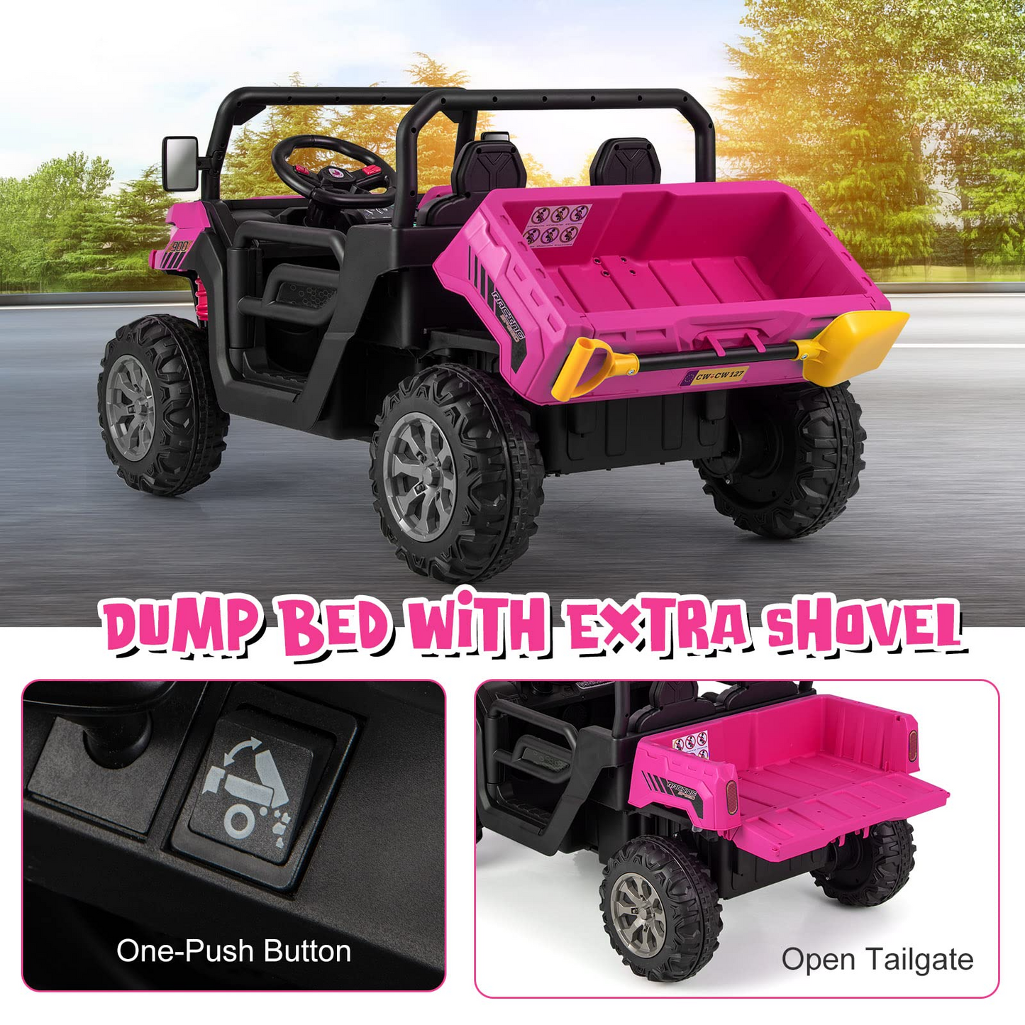 12V Electric Vehicle Dump Truck with Remote Control, Dump Bed and Extra Shovel OLAKIDS