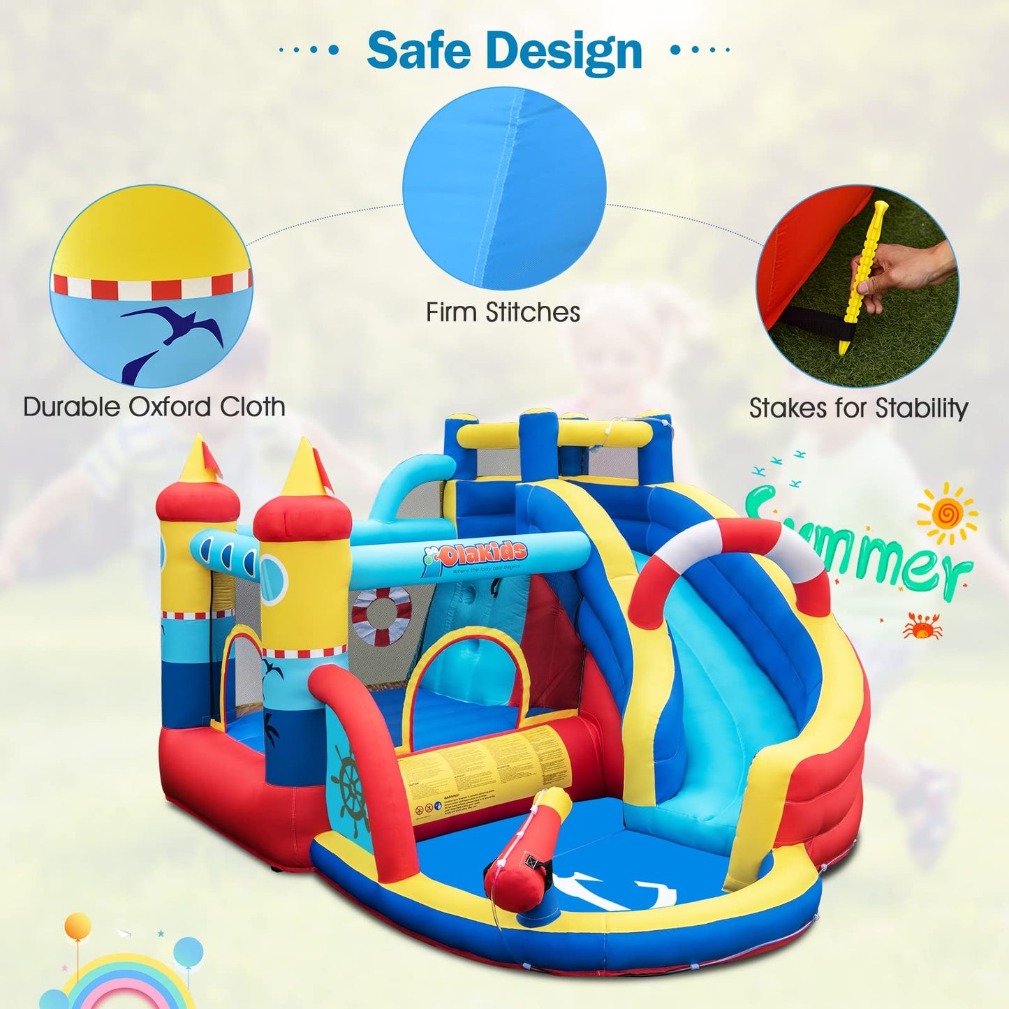 Inflatable Water Slides, Nautical Themed Bouncy House with Slide, Splash Pool, Climbing Wall, Water Gun