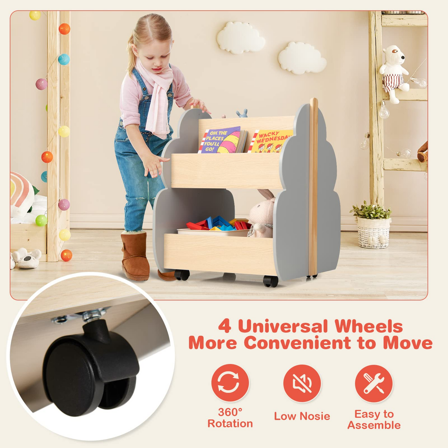 OLAKIDS Kids Bookshelf with Wheels, Wooden Bookcase Toy Storage Cabinet Organizer Holder OLAKIDS