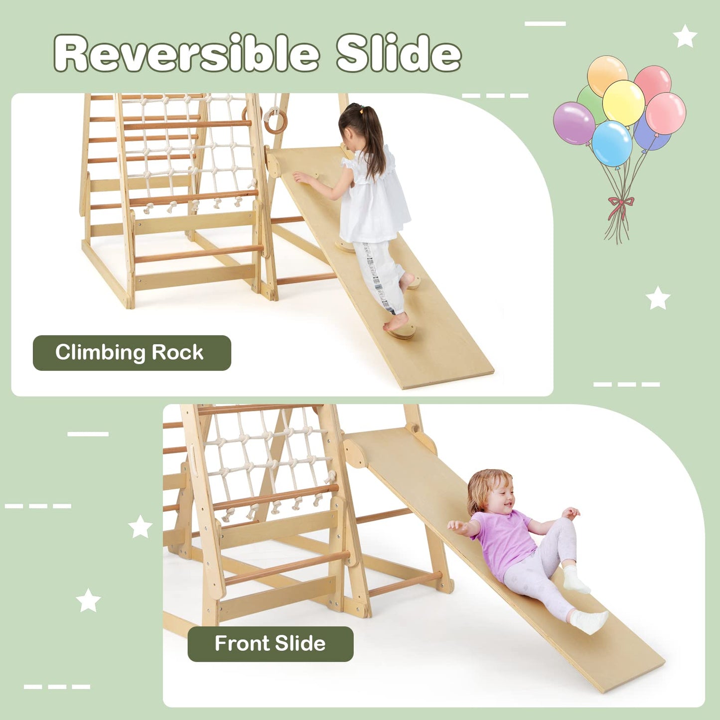 OLAKIDS 7 in 1 Kids Indoor Playground, Wooden Montessori Climber Playset with Tent Slide Climbing Rock Climbing Net