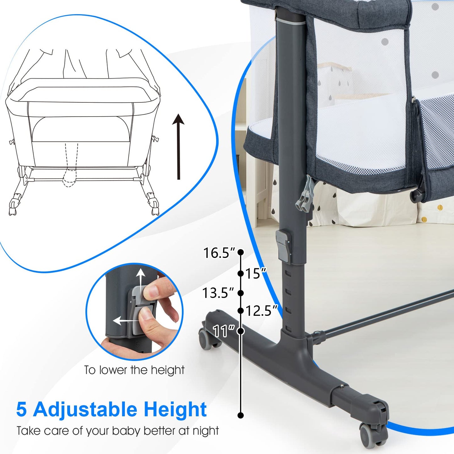 INFANS 3 in 1 Baby Bassinets, Bedside Sleeper for Newborn, Folding Crib with Mattress, Travel Bag, Wheels, 4-Sided Mesh, Easy to Assemble Cradle Co Sleeper Stationary, Rock