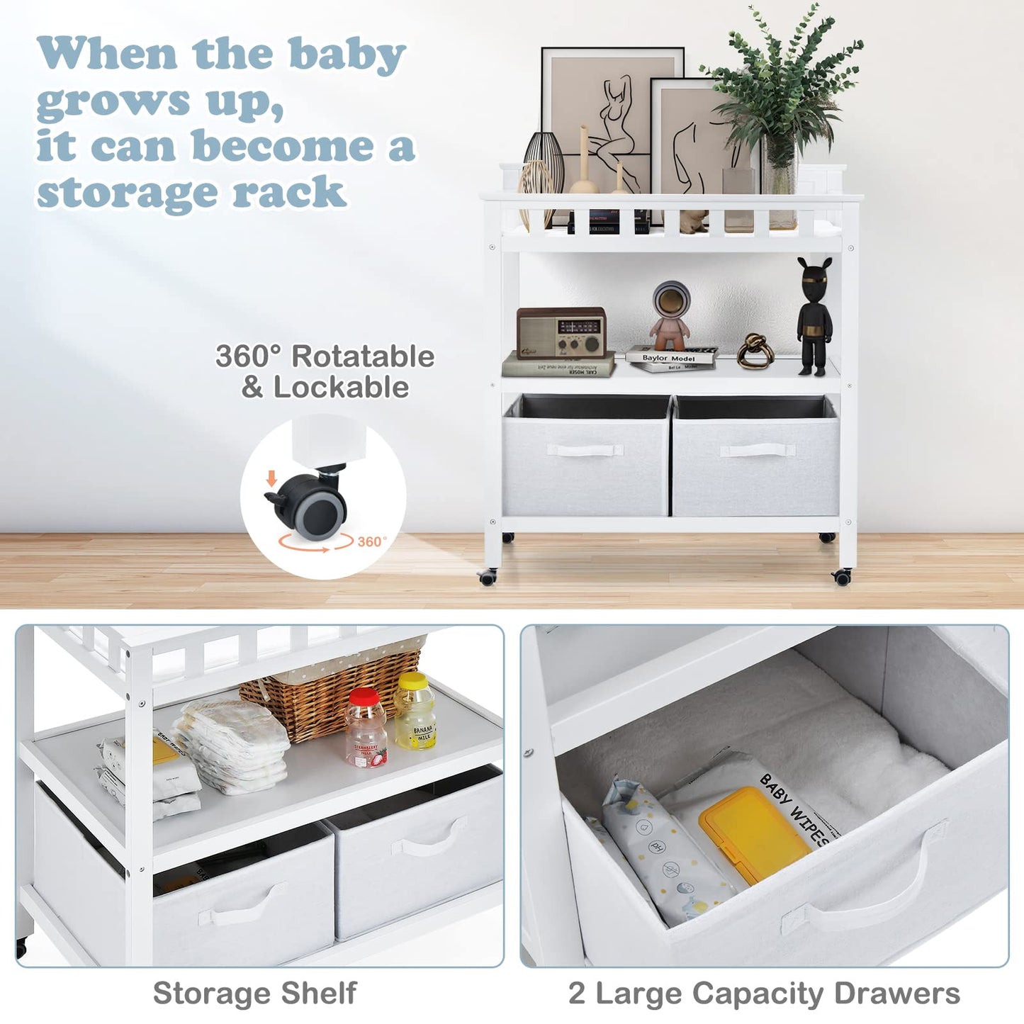 INFANS Baby Changing Table, Wood Diaper Dresser Station with Pad 2 Storage Drawers Baskets Shelves 4 Lockable Wheels and Safety Belt, Nursery Organizer Stand for Newborn Infant