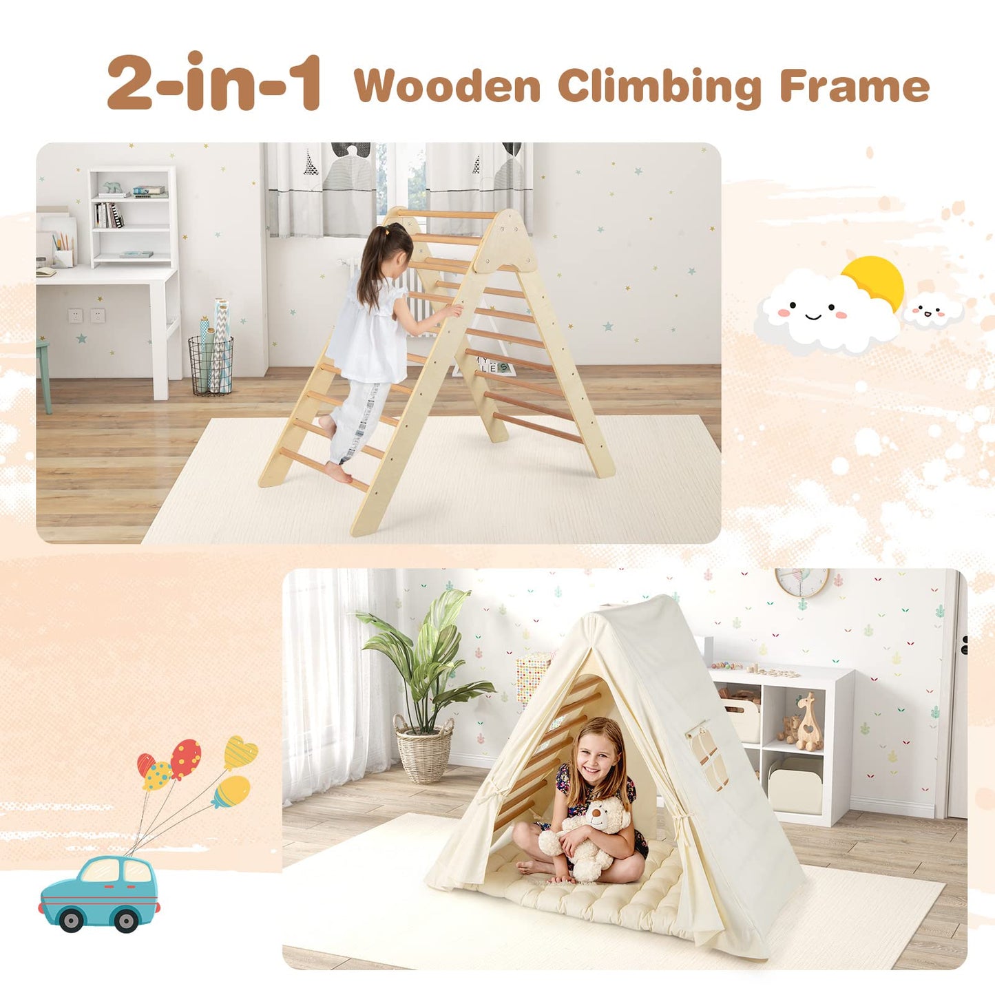 OLAKIDS Triangle Climber with Tent Cushion Pad, 3 in 1 Climbing Triangle LadderToys for Toddlers