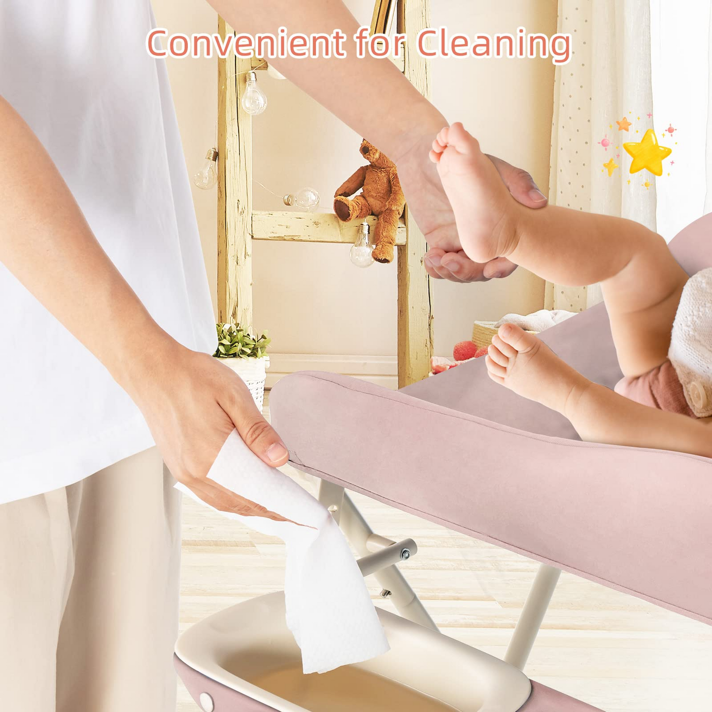 OLAKIDS Portable Baby Changing Table, Folding Diaper Dresser Station with Wheels, Adjustable Height, Safety Belt, Drying and Storage Rack OLAKIDS