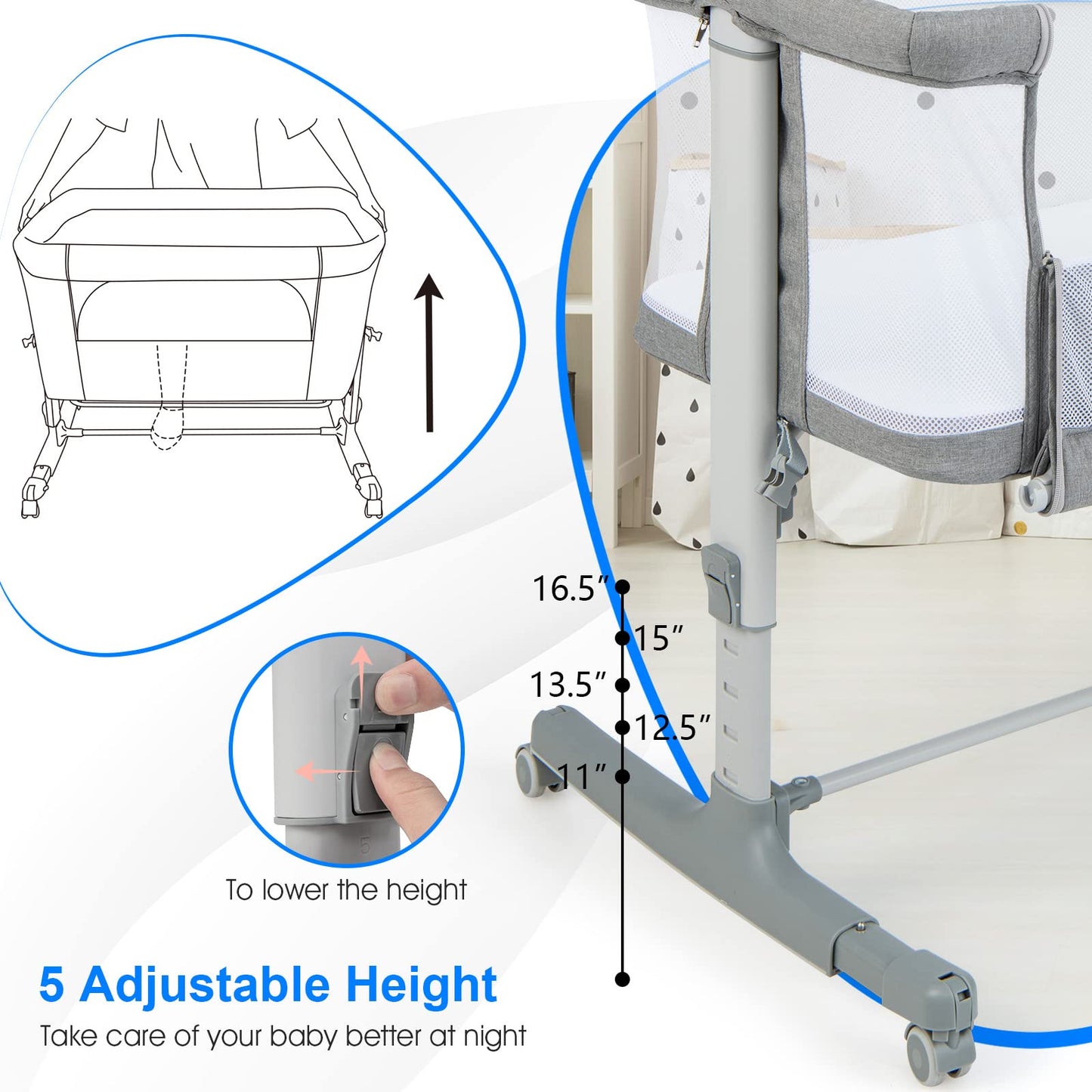INFANS 3 in 1 Baby Bassinets, Bedside Sleeper for Newborn, Folding Crib with Mattress, Travel Bag, Wheels, 4-Sided Mesh, Easy to Assemble Cradle Co Sleeper Stationary, Rock