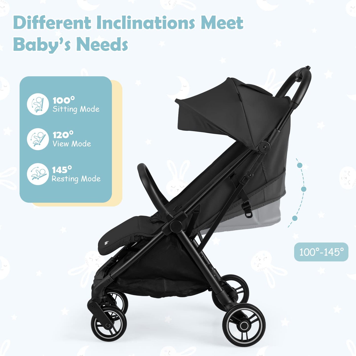 INFANS Lightweight Baby Stroller, One-Hand Gravity Fold, Compact Travel Stroller for Airplane with Aluminium Frame, Adjustable Backrest and Canopy, Foldable Infant Toddler Stroller for 0-36 Month