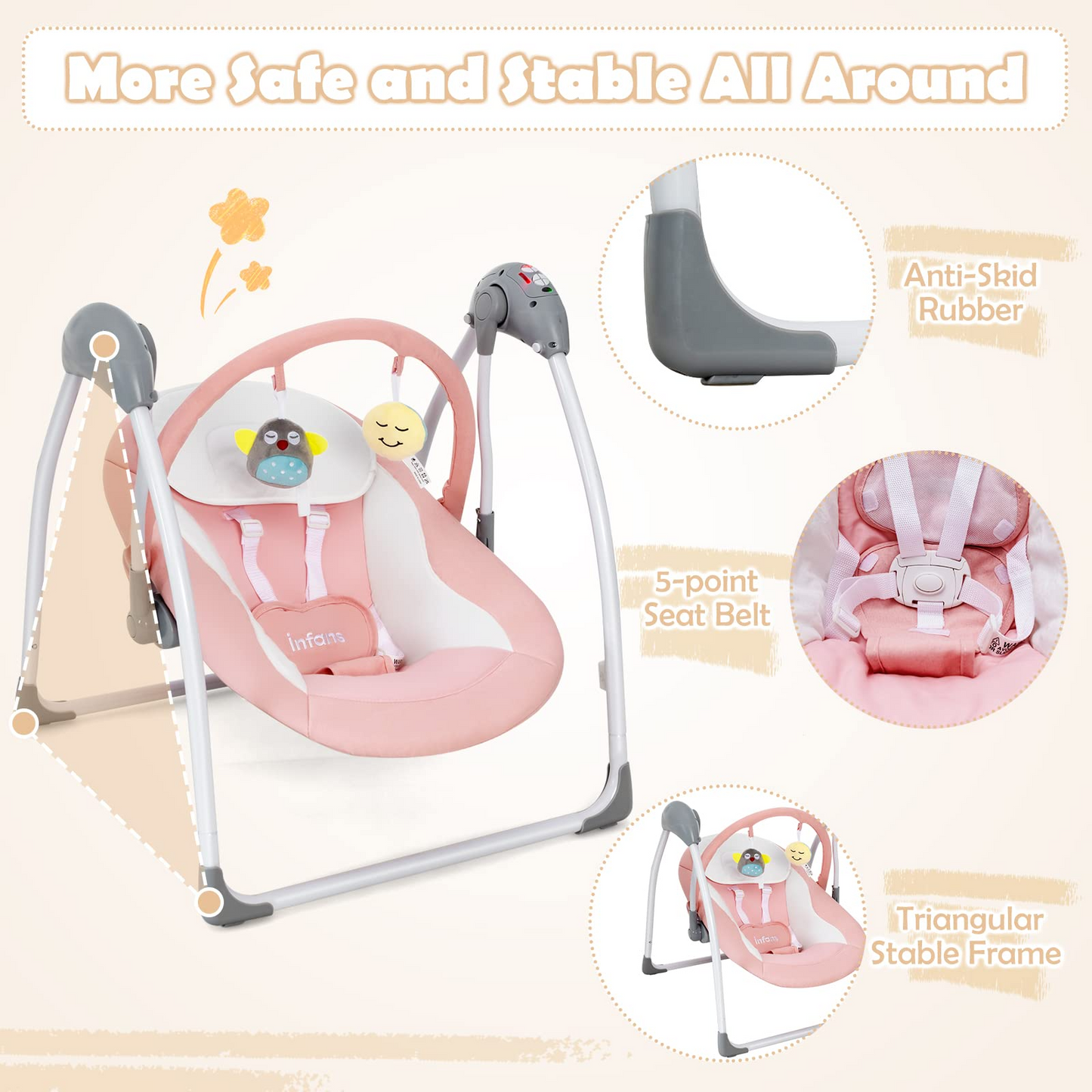 OLAKIDS Baby Swing for Infants, Compact Portable Baby Electric Rocker for Newborn with 5 Speed Natural Sway Music Timing 2 Toys Remote Control, Easy Fold, 0-6 Months Boy Girl (Grey) OLAKIDS