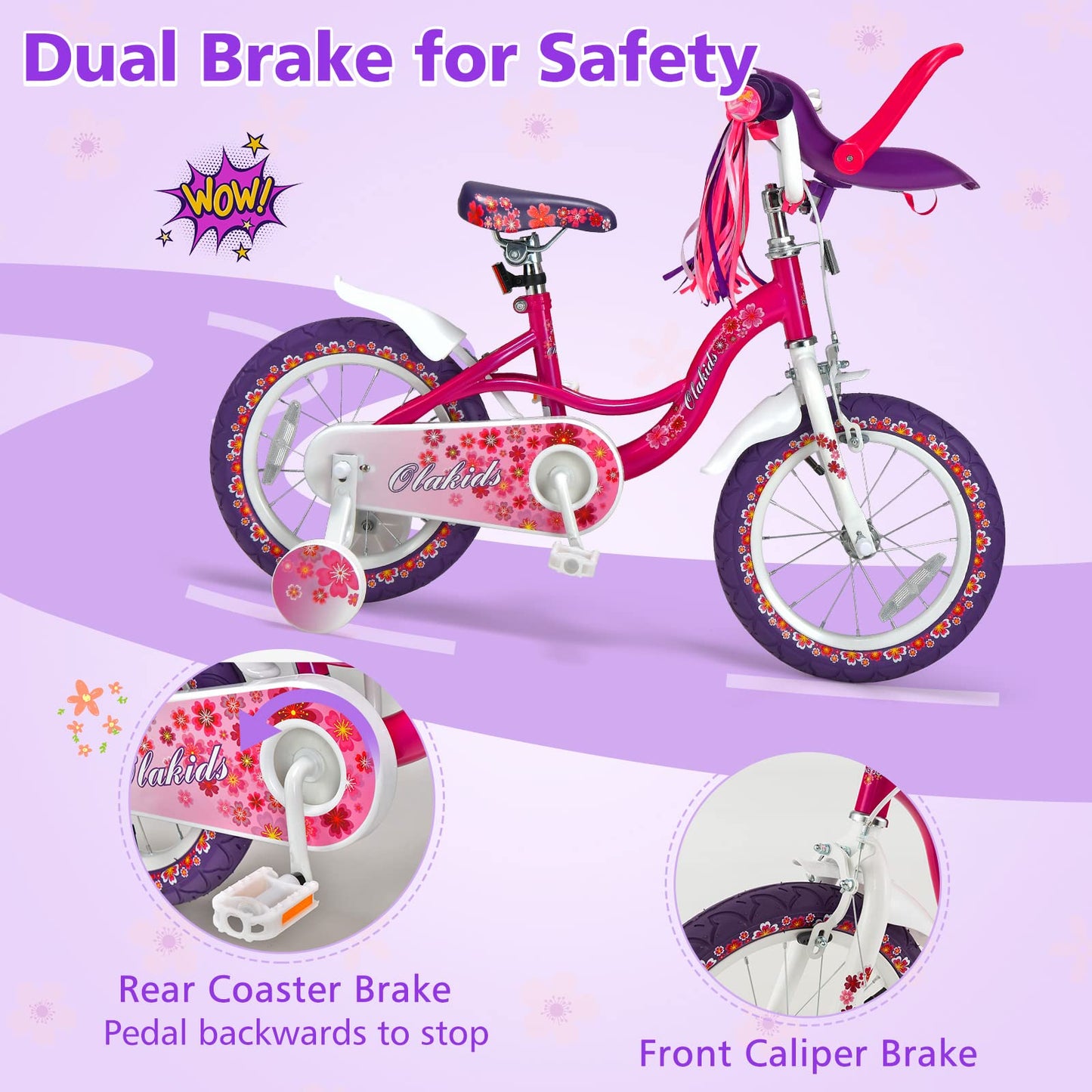 OLAKIDS Kids Bike for Girls, 14 16 Inch Children's Bicycle with Removable Training Wheels and Doll Seat