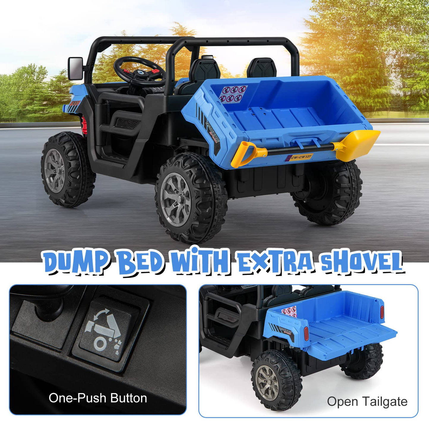 12V Electric Vehicle Dump Truck with Remote Control, Dump Bed and Extra Shovel OLAKIDS
