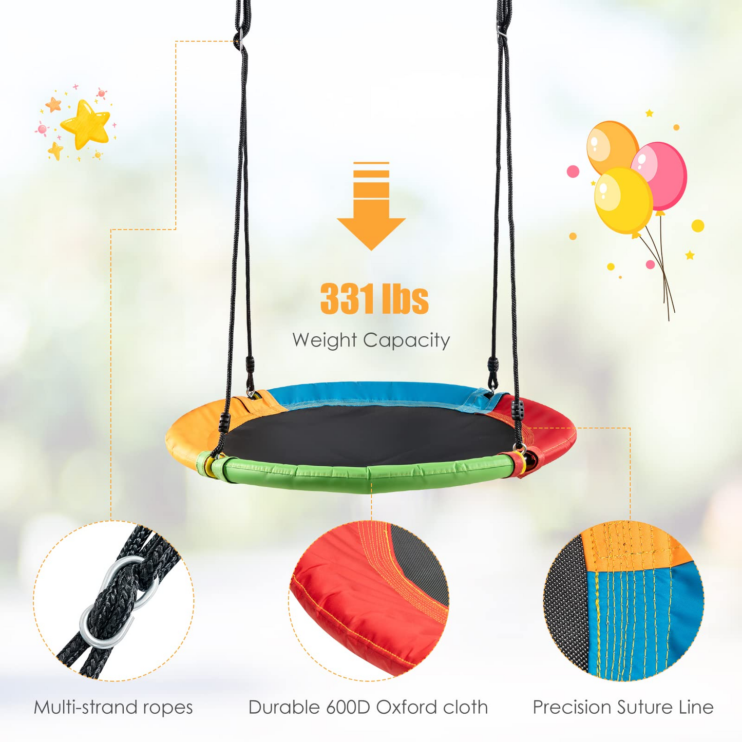 Kids Toddler Toy Adjustable Saucer Swing and Heavy Duty Belt Swing Seat for Indoor Outdoor Activity OLAKIDS