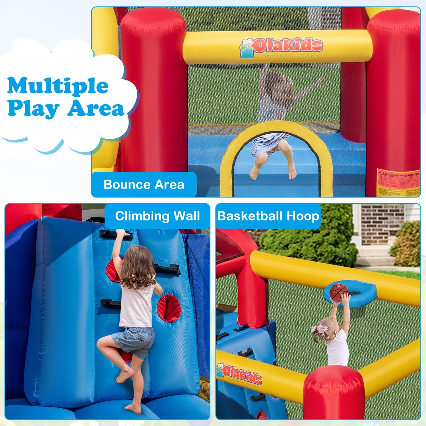 OLAKIDS Inflatable Water Slide, 8 in 1 Bounce House Water Park with 2 Slides Splash Pools, Climbing Wall, Water Gun, Basketball Rim, Outdoor Inflatable Obstacle Course for Kids(without air blower