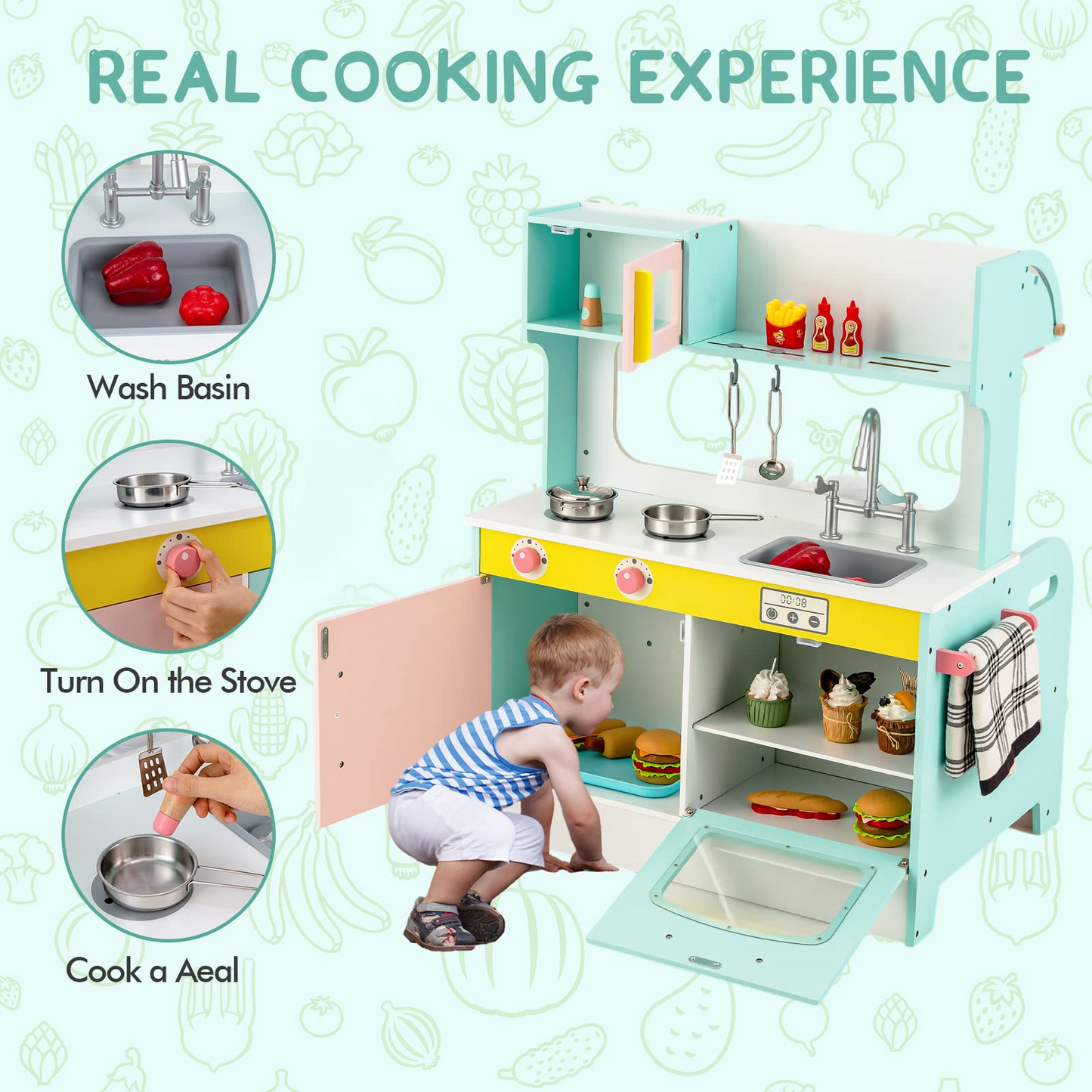 OLAKIDS 2 in 1 Kids Play Kitchen and Restaurant, Double Sided Toddler Wooden Pretend Cooking Set with Stove Sink Microwave Storage Cabinet OLAKIDS