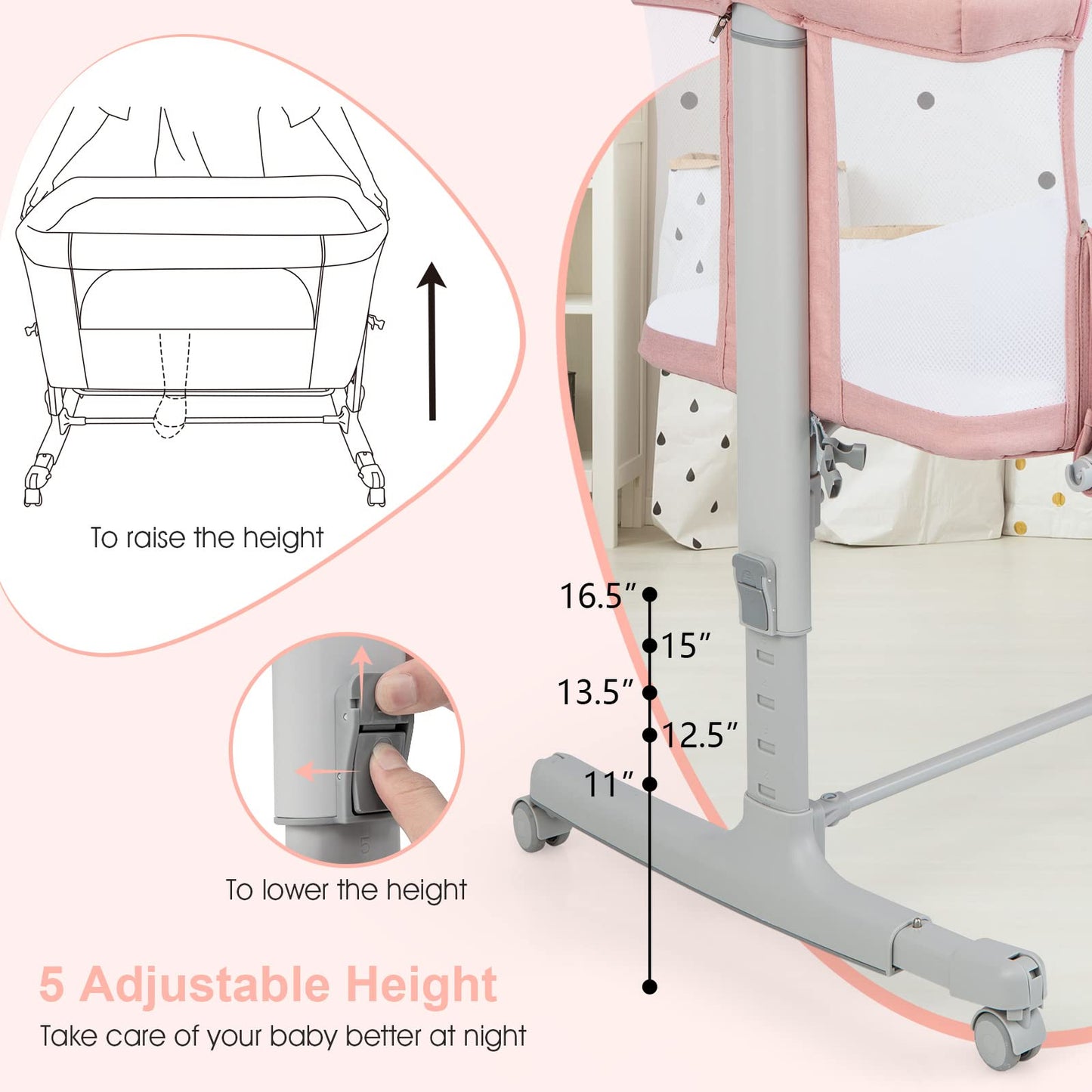INFANS 3 in 1 Baby Bassinets, Bedside Sleeper for Newborn, Folding Crib with Mattress, Travel Bag, Wheels, 4-Sided Mesh, Easy to Assemble Cradle Co Sleeper Stationary, Rock