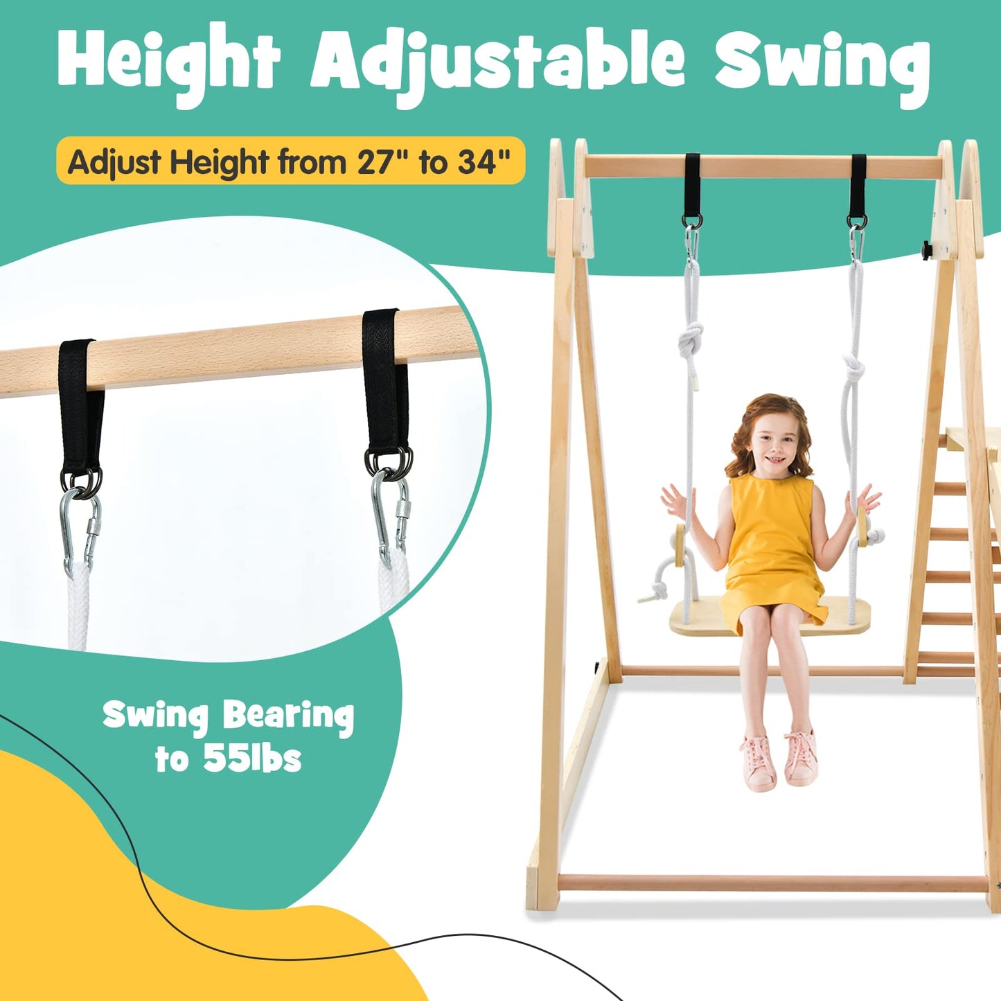 OLAKIDS Toddlers Triangle Climbing Set, 4 in 1 Foldable Kids Wood Montessori Climber Ladder with Ramp, Slide and Swing, Indoor Outdoor Playground Jungle Play Gym Structure for Boys Girls
