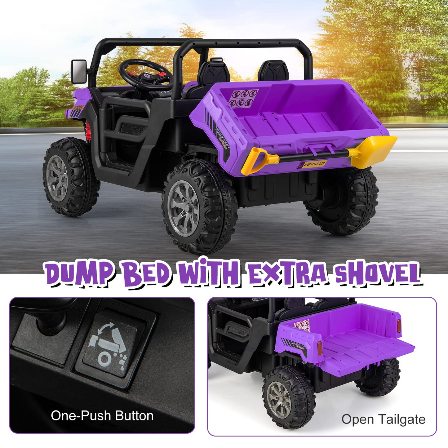 12V Electric Vehicle Dump Truck with Remote Control, Dump Bed and Extra Shovel OLAKIDS
