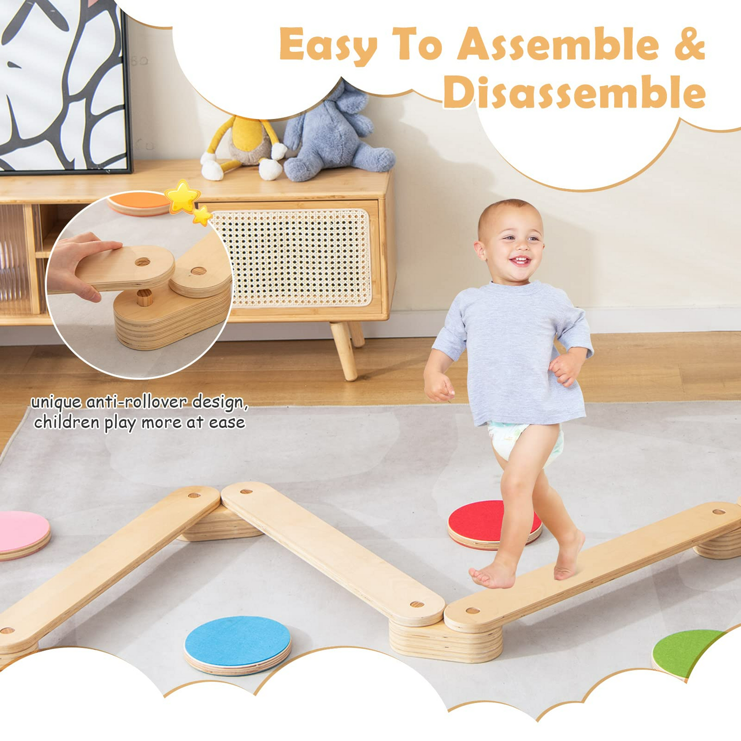 OLAKIDS Montessori Wooden Balance Beam Stepping Stones for Kids Toddler,12 Piece Obstacle Course for Playroom Indoor Outdoor OLAKIDS