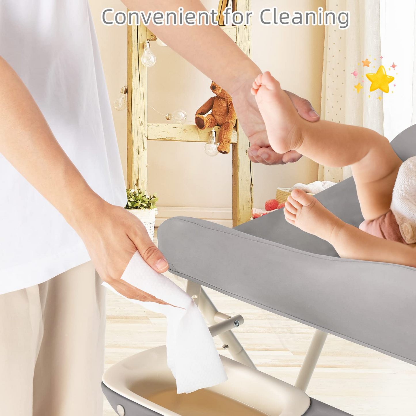 OLAKIDS Portable Baby Changing Table, Folding Diaper Dresser Station with Wheels, Adjustable Height, Safety Belt, Drying and Storage Rack OLAKIDS