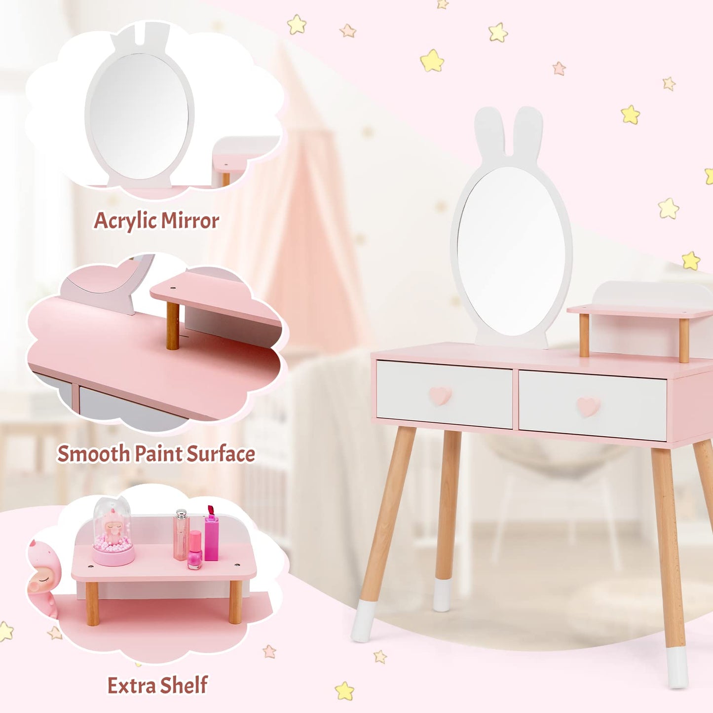OLAKIDS Kids Vanity Set, 2 in 1 Wooden Princess Makeup Table and Chair with Mirror OLAKIDS