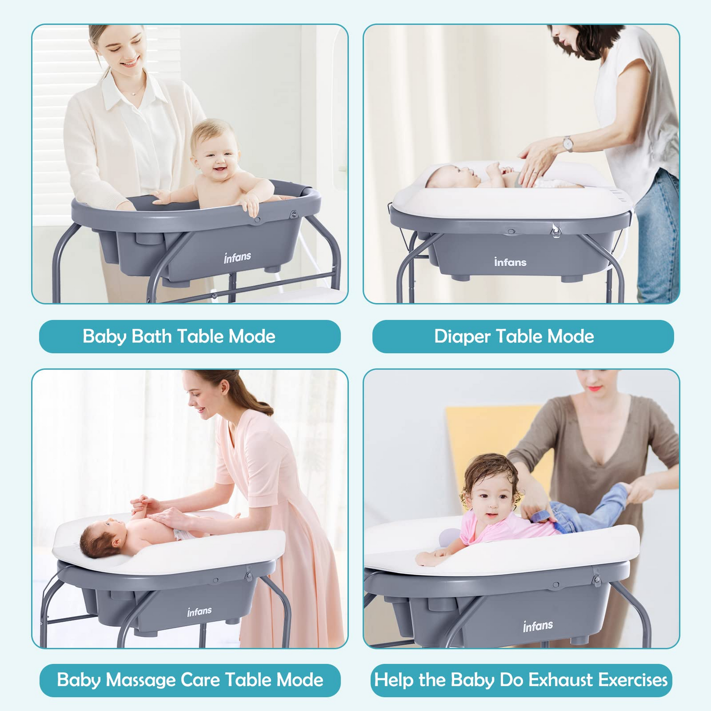 OLAKIDS 2 in 1 Baby Changing Table with Bath Tub Unit, Folding Diaper Dresser Station with Wheels Waterproof Pad Storage Rack OLAKIDS