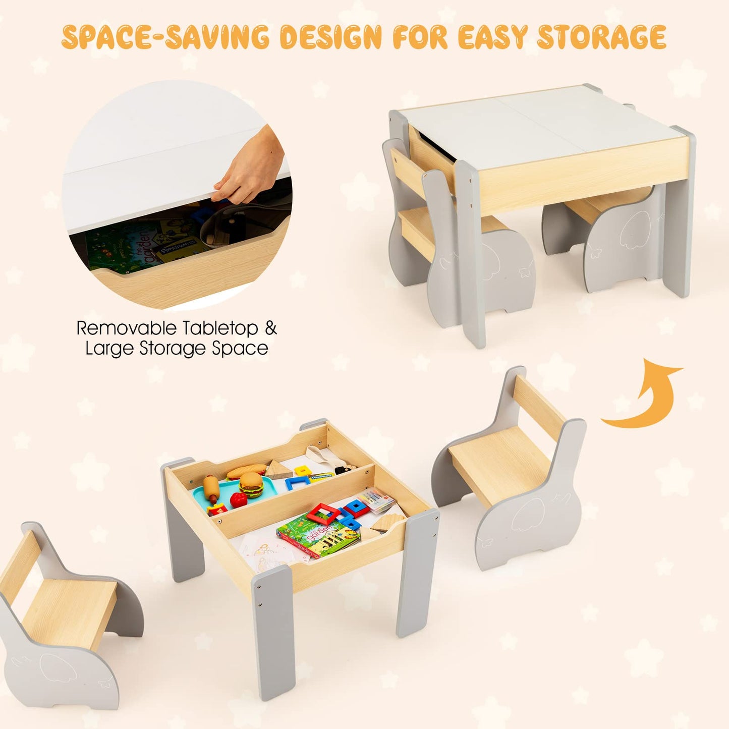 OLAKIDS 3 in 1 Kids Table and Chair Set, Wood Multi Activity Table with Removable Tabletop OLAKIDS