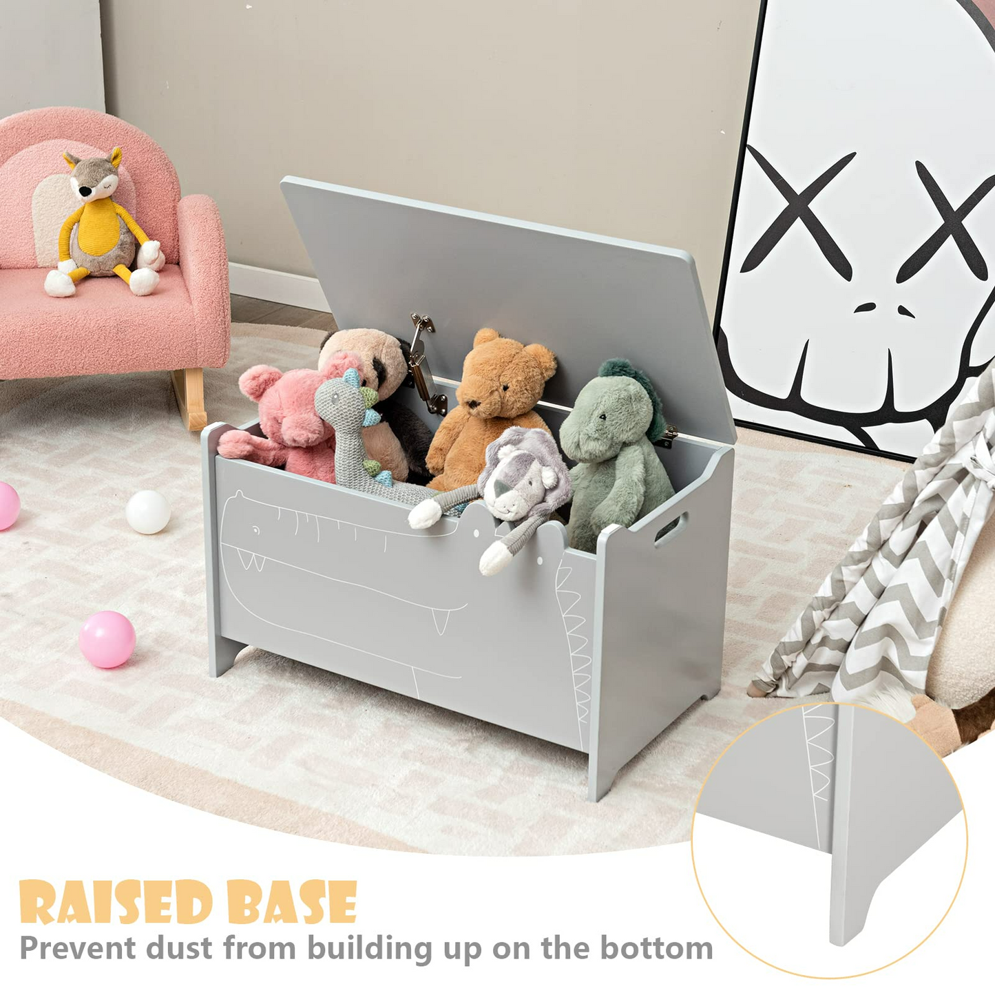 OLAKIDS Wooden Toy Chest , Wide Kids Toy Box Storage Space with Safety Hinge and Handles OLAKIDS