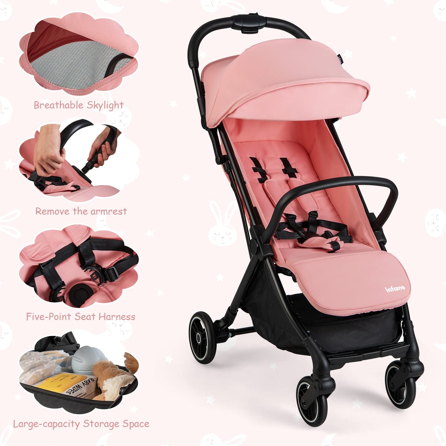 INFANS Lightweight Baby Stroller, One-Hand Gravity Fold, Compact Travel Stroller for Airplane with Aluminium Frame, Adjustable Backrest and Canopy, Foldable Infant Toddler Stroller for 0-36 Month