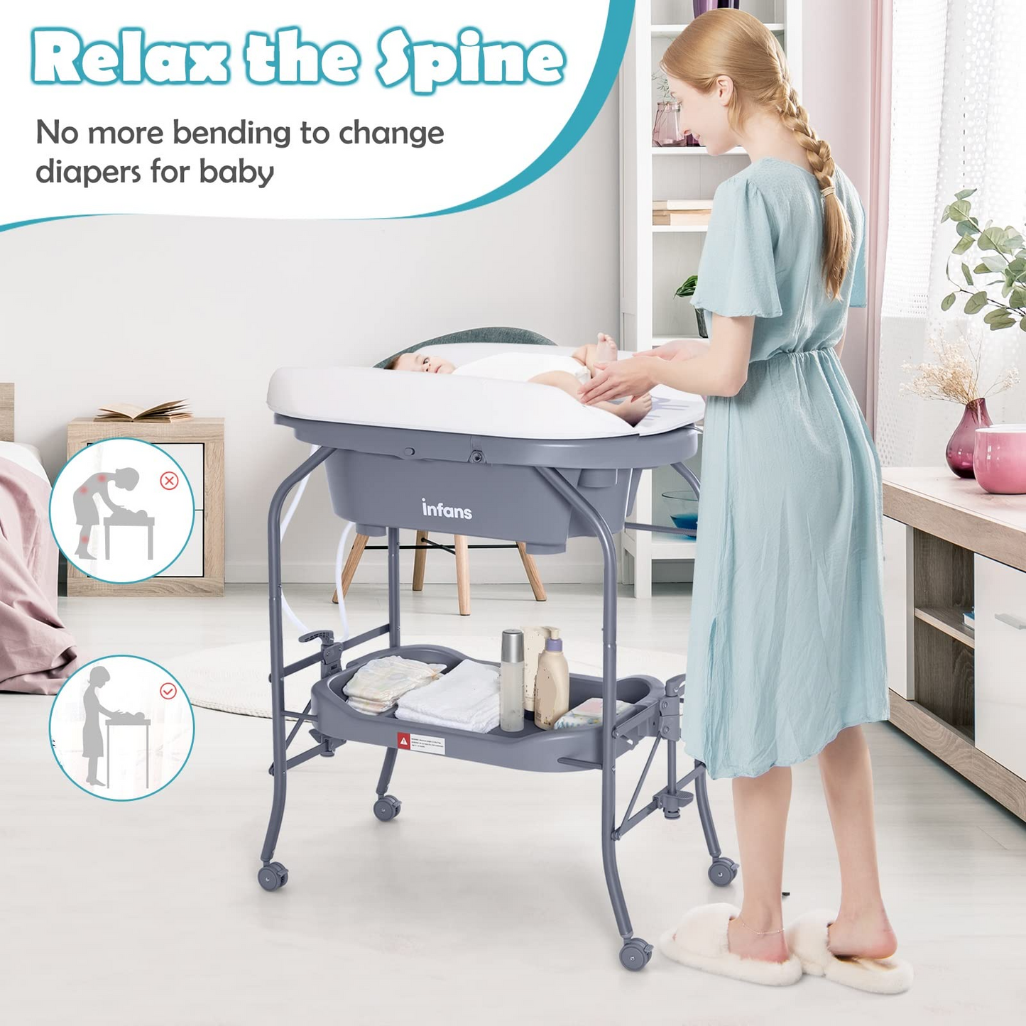 OLAKIDS 2 in 1 Baby Changing Table with Bath Tub Unit, Folding Diaper Dresser Station with Wheels Waterproof Pad Storage Rack OLAKIDS