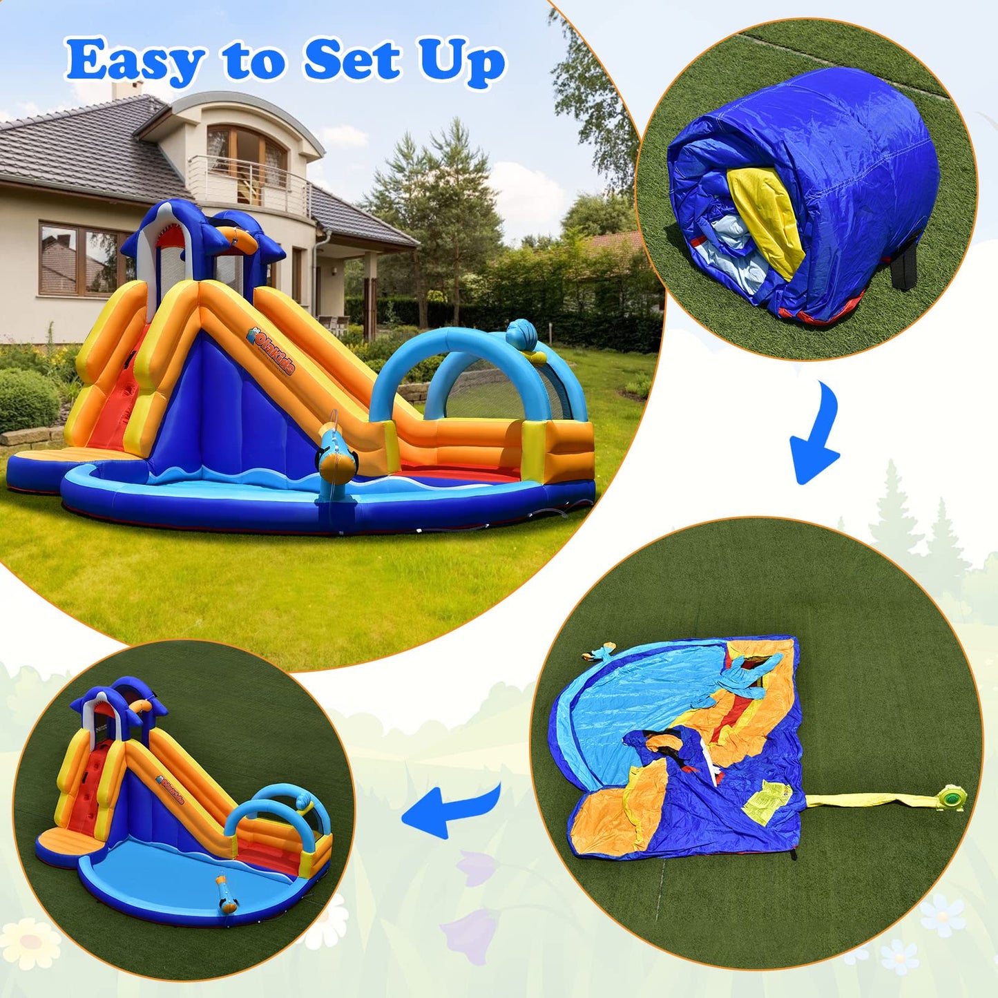 OLAKIDS Inflatable Water Slides, Shark Theme 14FT x 10FT x 8.5FT Bouncy House with Slide, Splash Pool, Climbing Wall, Water Gun OLAKIDS
