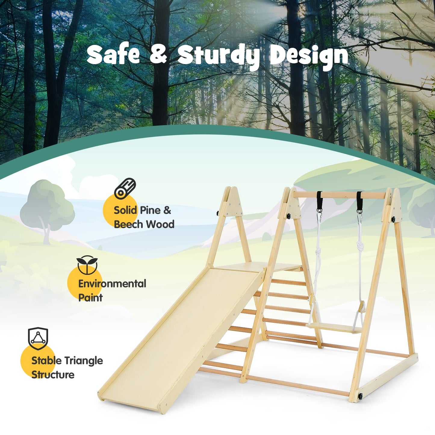 OLAKIDS Toddlers Triangle Climbing Set, 4 in 1 Foldable Kids Wood Montessori Climber Ladder with Ramp, Slide and Swing, Indoor Outdoor Playground Jungle Play Gym Structure for Boys Girls