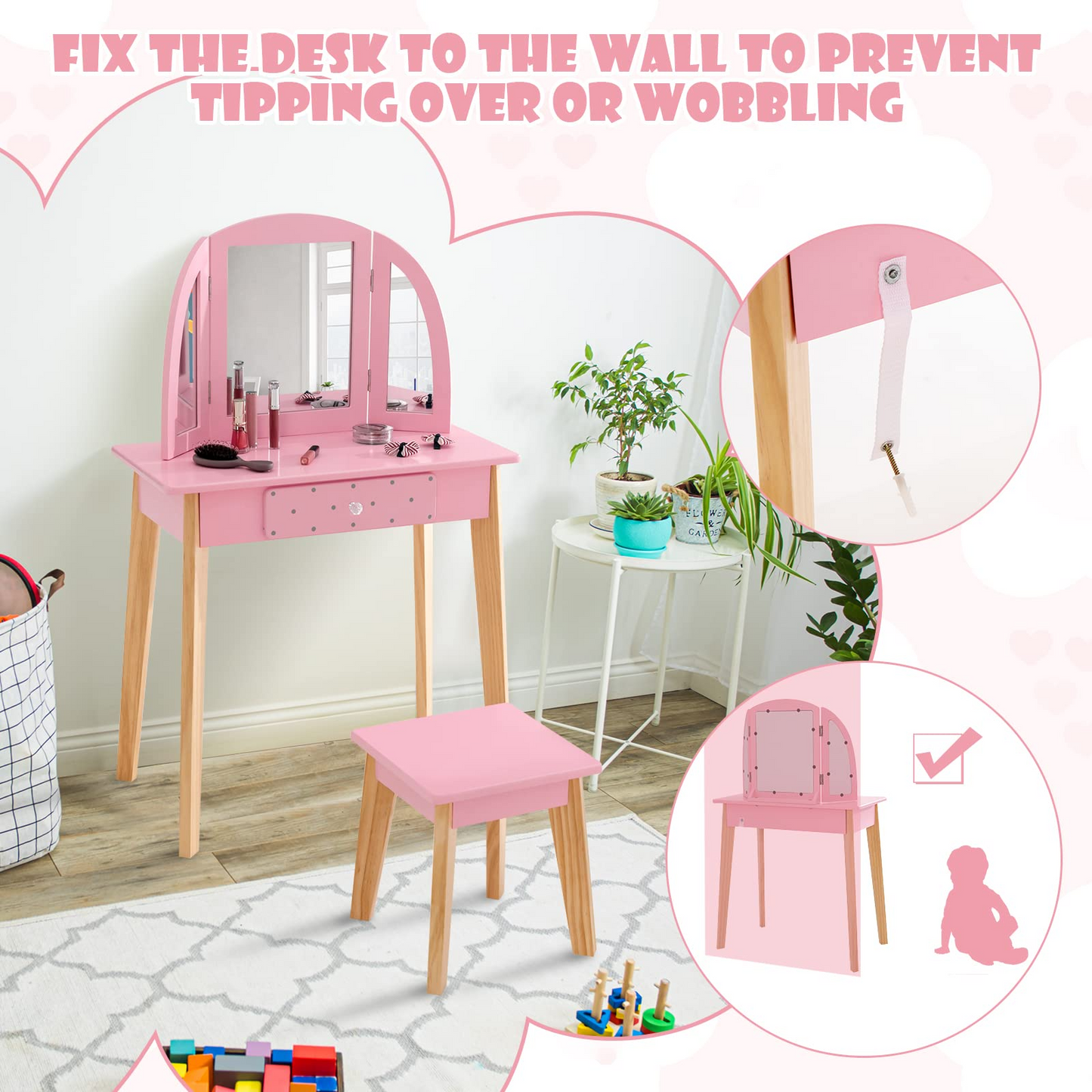 OLAKIDS Kids Vanity Table and Chair Set, Pretend Beauty Play Vanity Set with Tri-Folding Mirror Drawer Stool and Detachable Top, 2 in 1 Wooden Princess Makeup Dressing Table for Girls OLAKIDS