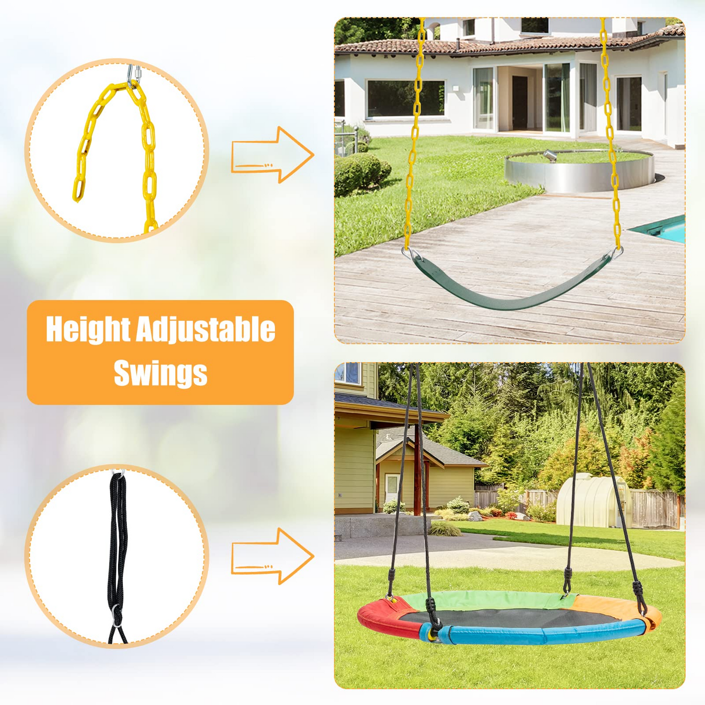 Kids Toddler Toy Adjustable Saucer Swing and Heavy Duty Belt Swing Seat for Indoor Outdoor Activity OLAKIDS