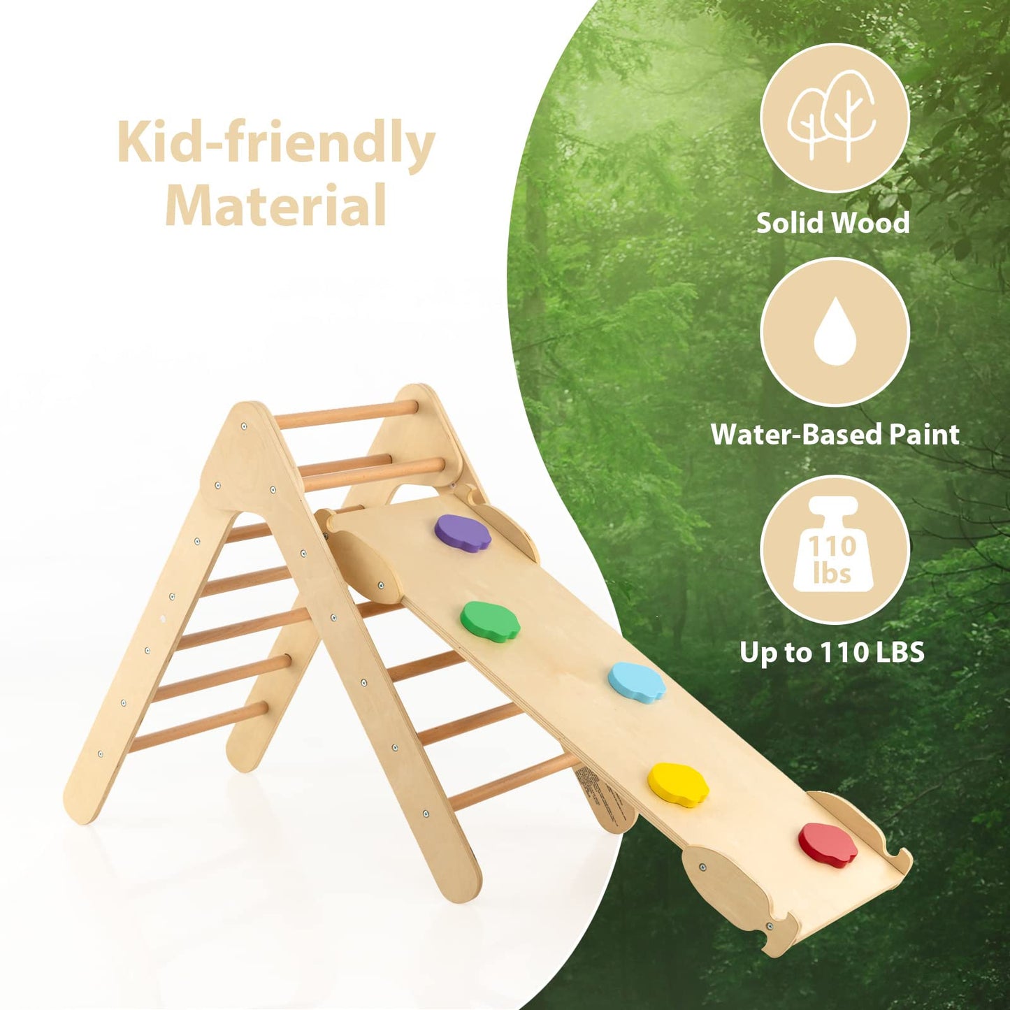 OLAKIDS Toddlers Triangle Climber, 3 in 1 Montessori Kids Wood Climbing Toy with Ramp, Ladder, Slide