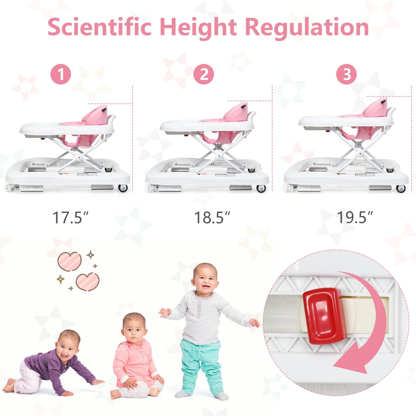 INFANS Foldable Baby Walker, 3 in 1 Toddler Walker Learning-Seated Walk-Behind for Boys and Girls, Adjustable Speed Rear Wheels, Safety Bumper, Detachable Seat Cover, Anti-Rollover (Pink)