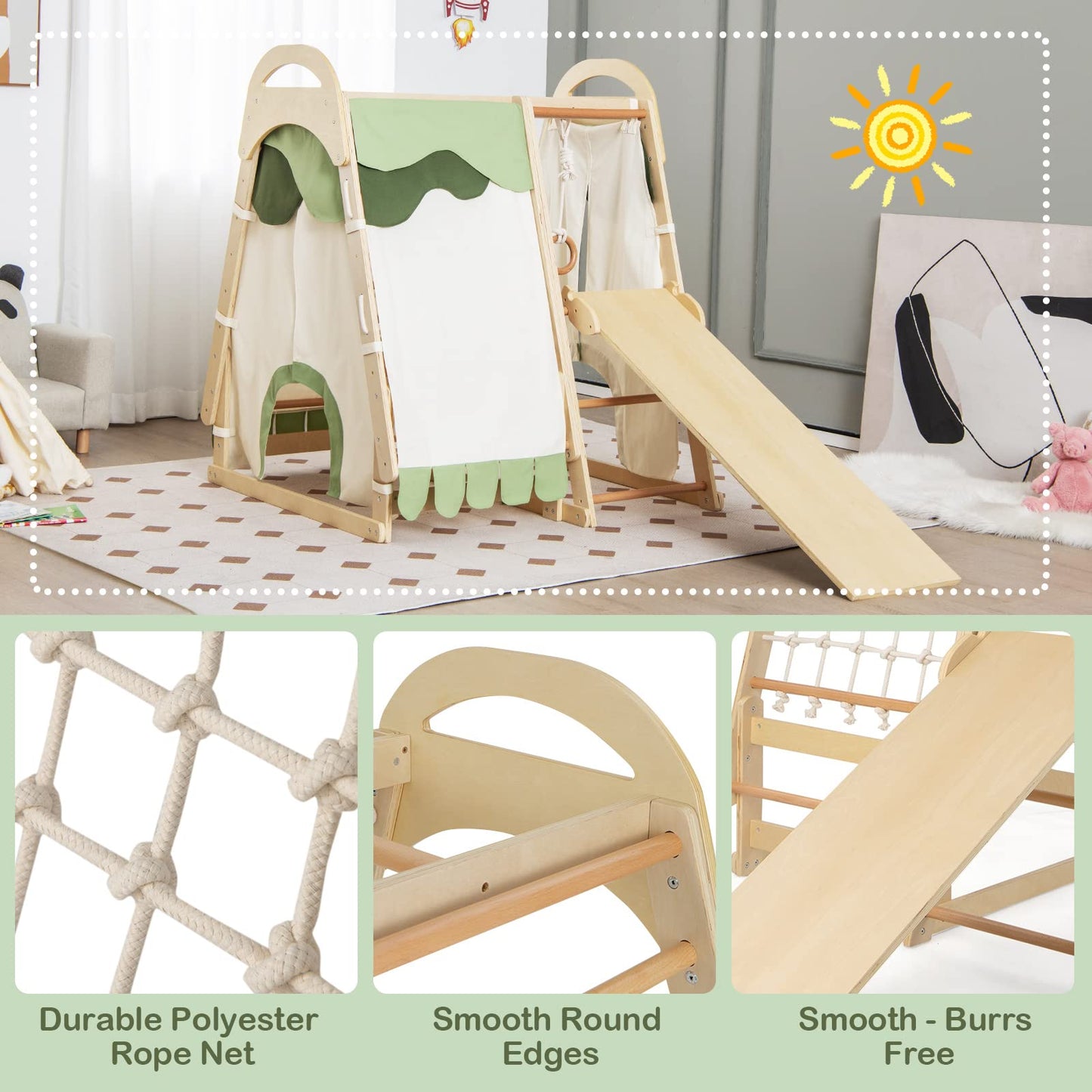 OLAKIDS 7 in 1 Kids Indoor Playground, Wooden Montessori Climber Playset with Tent Slide Climbing Rock Climbing Net
