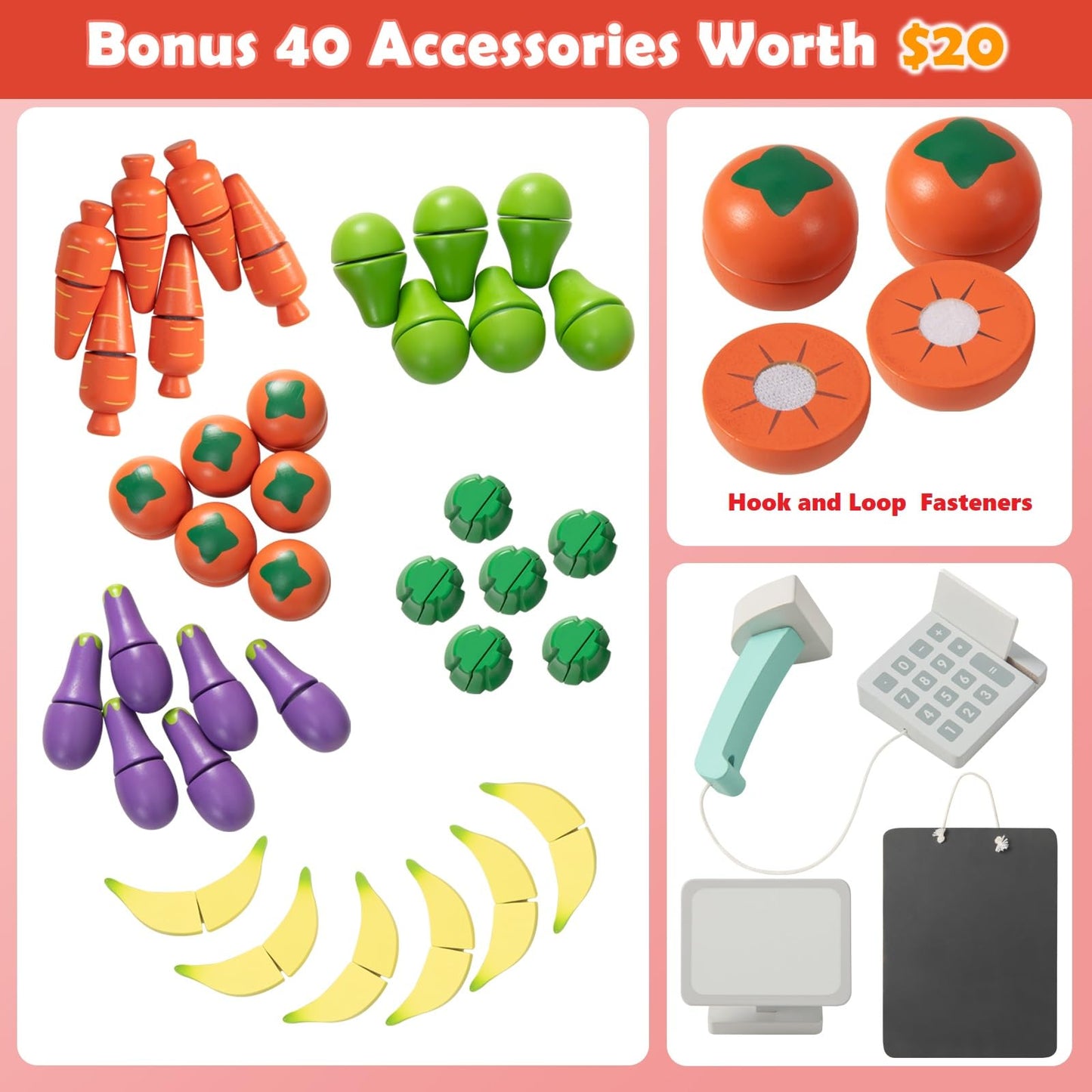 OLAKIDS Grocery Store Marketplace Toy, Kids Wooden Market Stand Pretend Play Set