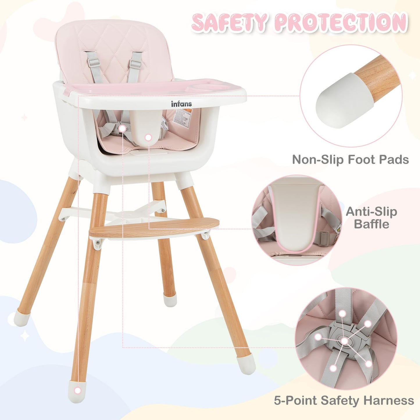 OLAKIDS Baby High Chair, 6 in 1 Convertible Wooden Highchair, Infant Feeding Chair