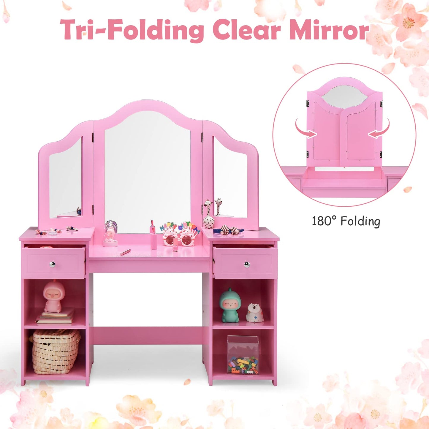 OLAKIDS Kids Vanity, 2 in 1 Princess Makeup Desk and Chair Set with Drawers Tri-Folding Detachable Mirror Large Storage Shelves
