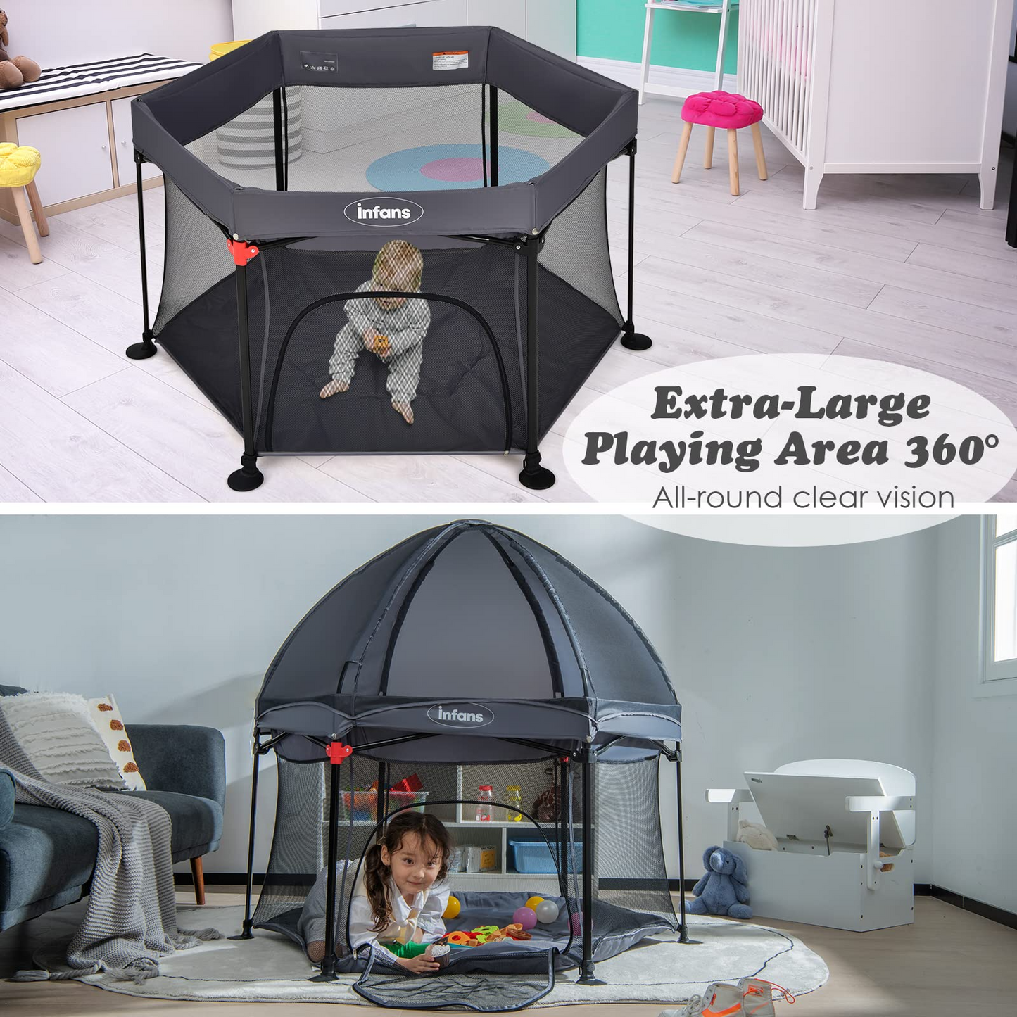 Portable Foldable 53" Baby Playpen with Mesh & UV Canopy OLAKIDS